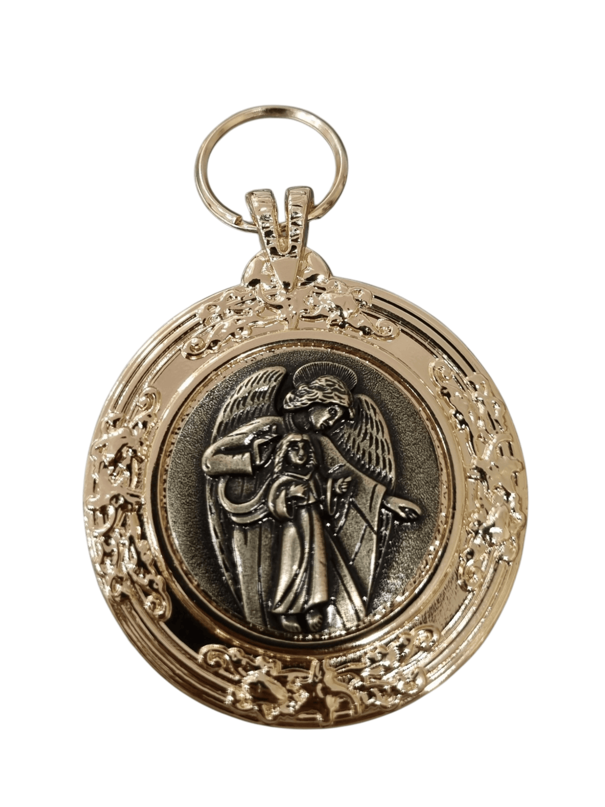 Medalhão de Berço Anjo Protetor Dourado em Metal Ouro Velho 9 cm-TerraCotta Arte Sacra