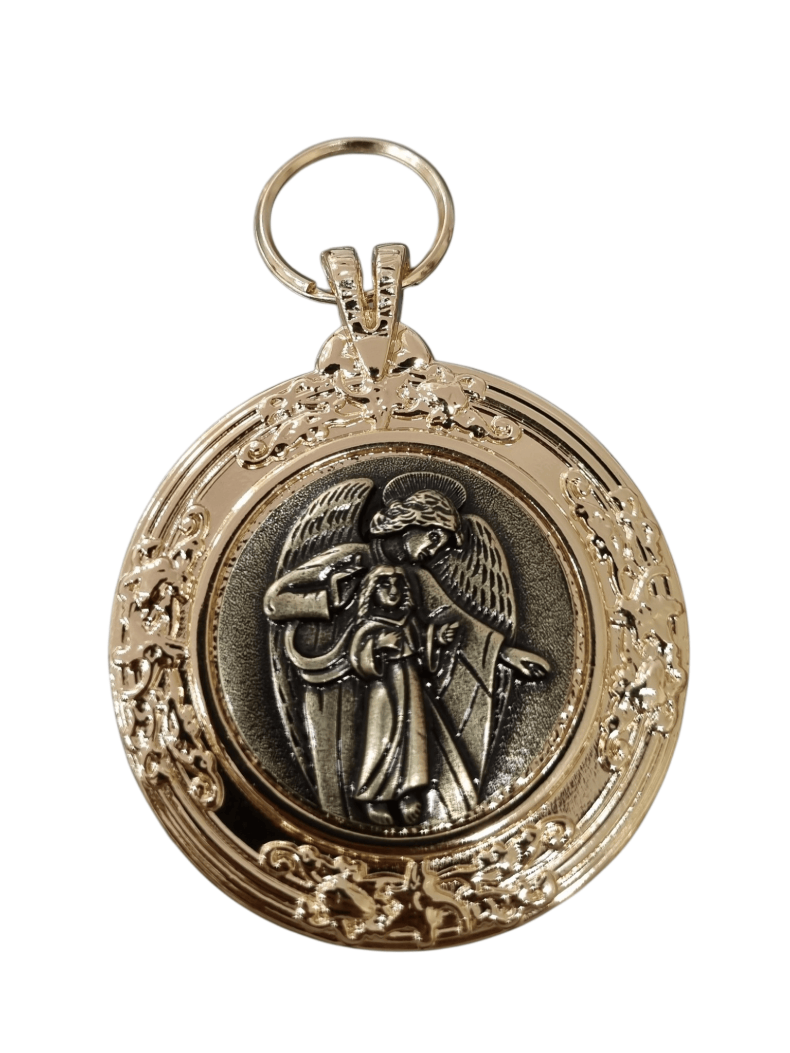 Medalhão de Berço Anjo Protetor Dourado em Metal Ouro Velho 9 cm-TerraCotta Arte Sacra