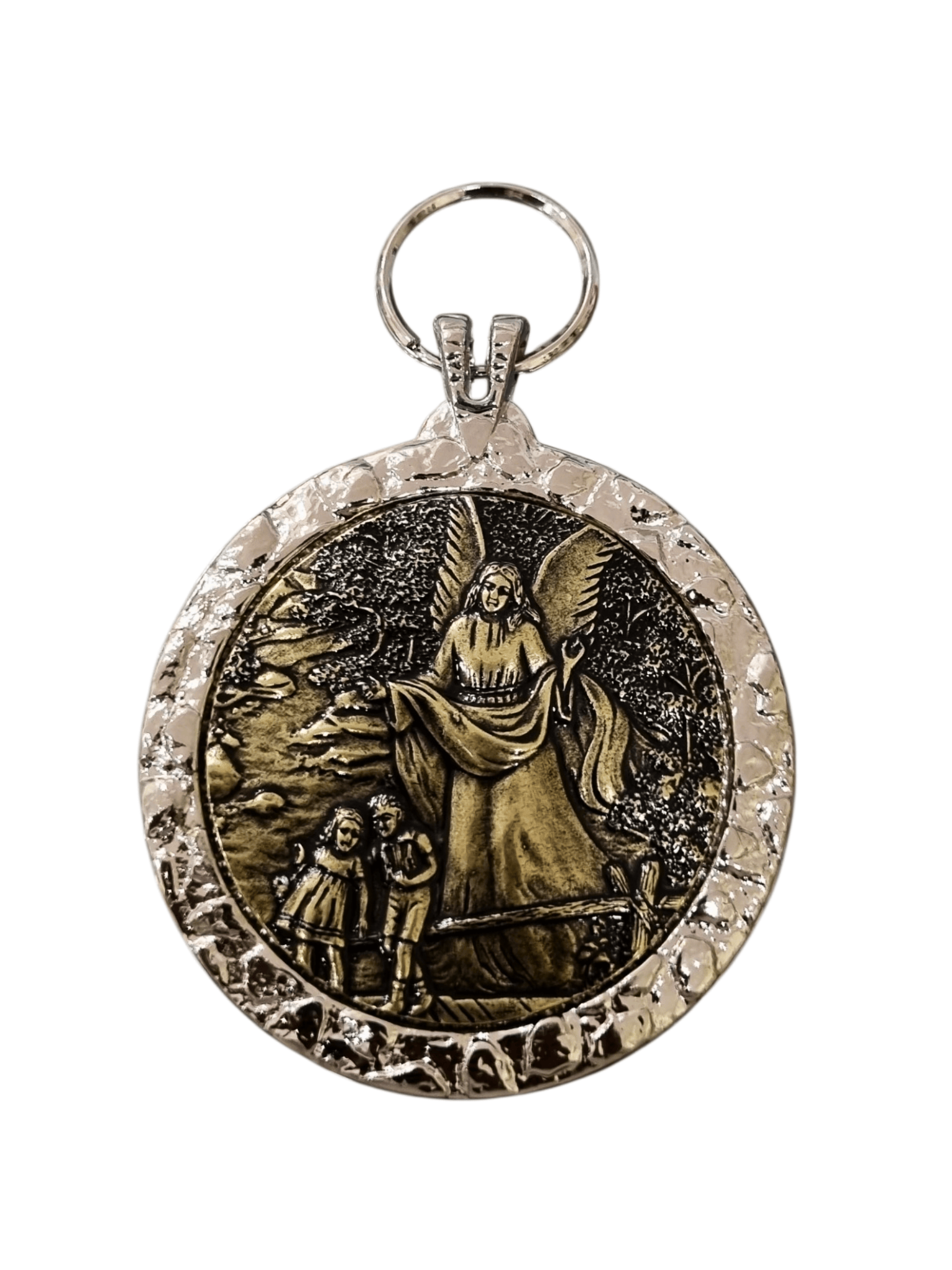 Medalhão de Berço Anjo da Guarda Níquel em Metal Ouro Velho 9 cm-TerraCotta Arte Sacra