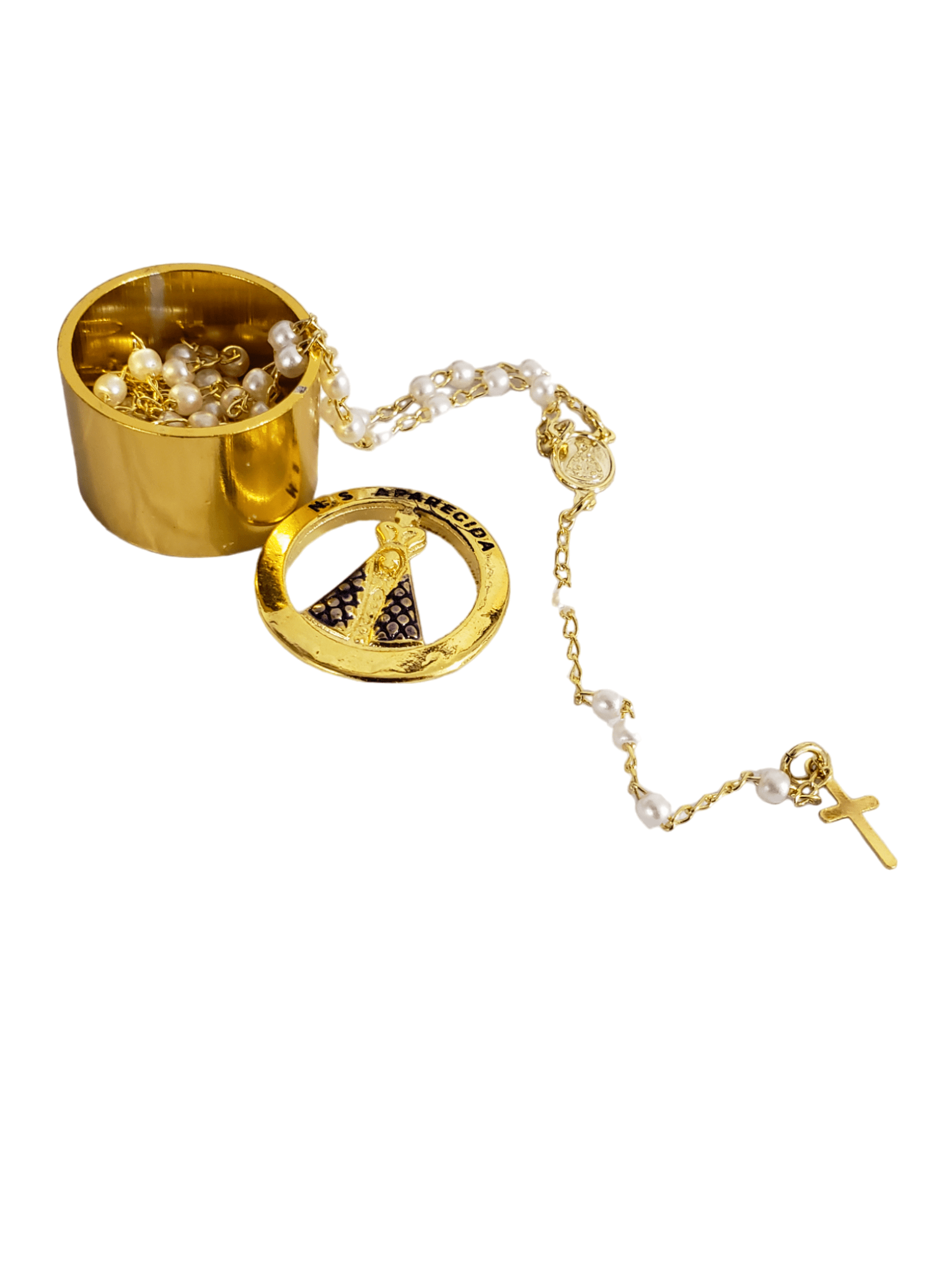 Mini Terço Perolado com Porta Terço de Nossa Senhora Aparecida Dourado-TerraCotta Arte Sacra