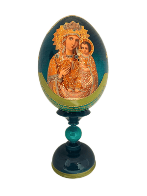 Ovo Russo em Madeira Fabergé Ícone Mãe de Deus de Jerusalém 20 cm-TerraCotta Arte Sacra