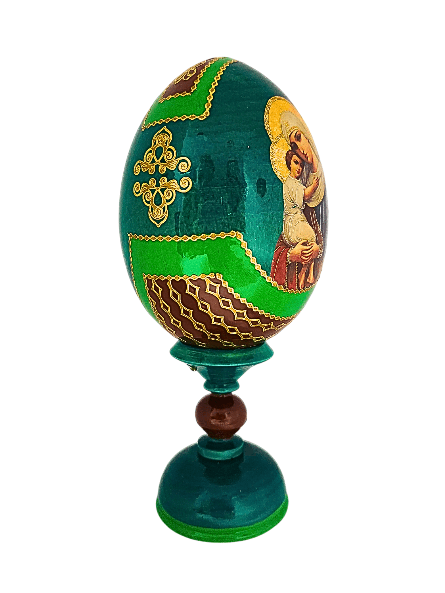 Ovo Russo em Madeira Fabergé Ícone Nossa Senhora da Ternura 16 cm-TerraCotta Arte Sacra