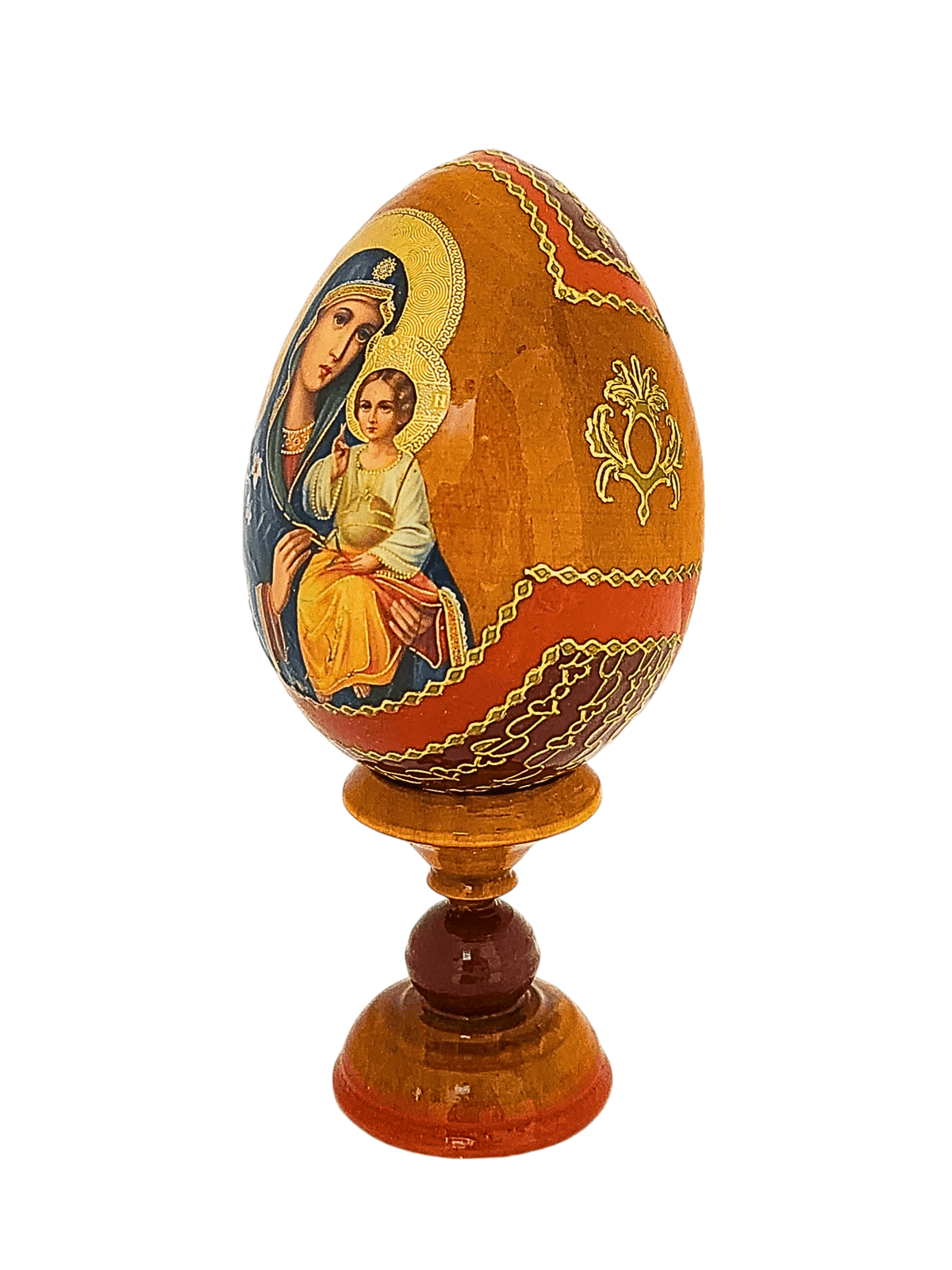 Ovo Russo em Madeira Fabergé ÍconeNossa Senhora do Lírio 13 cm-TerraCotta Arte Sacra