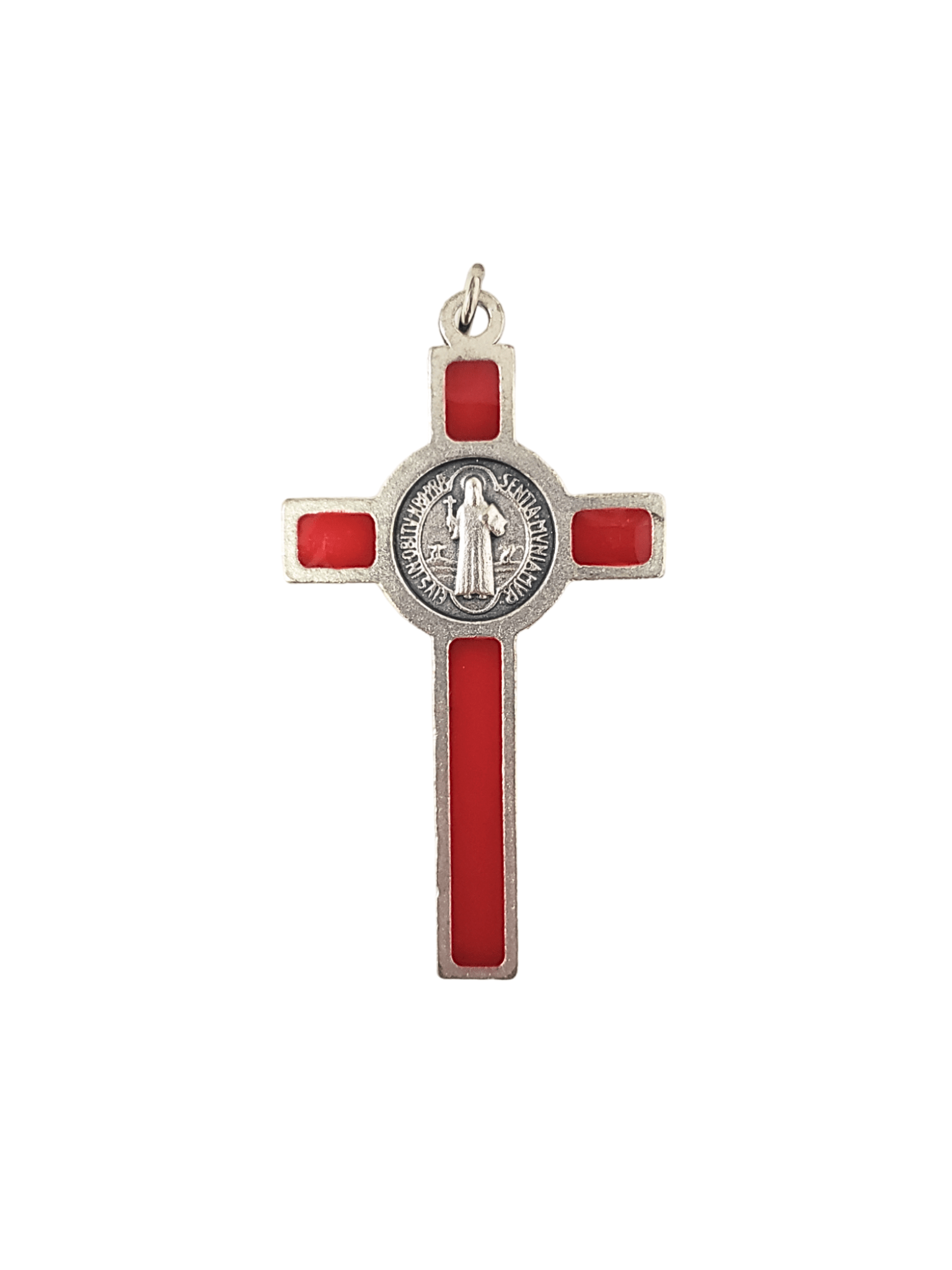 Pingente Italiano de Crucifixo de São Bento Esmaltado Vermelho-TerraCotta Arte Sacra
