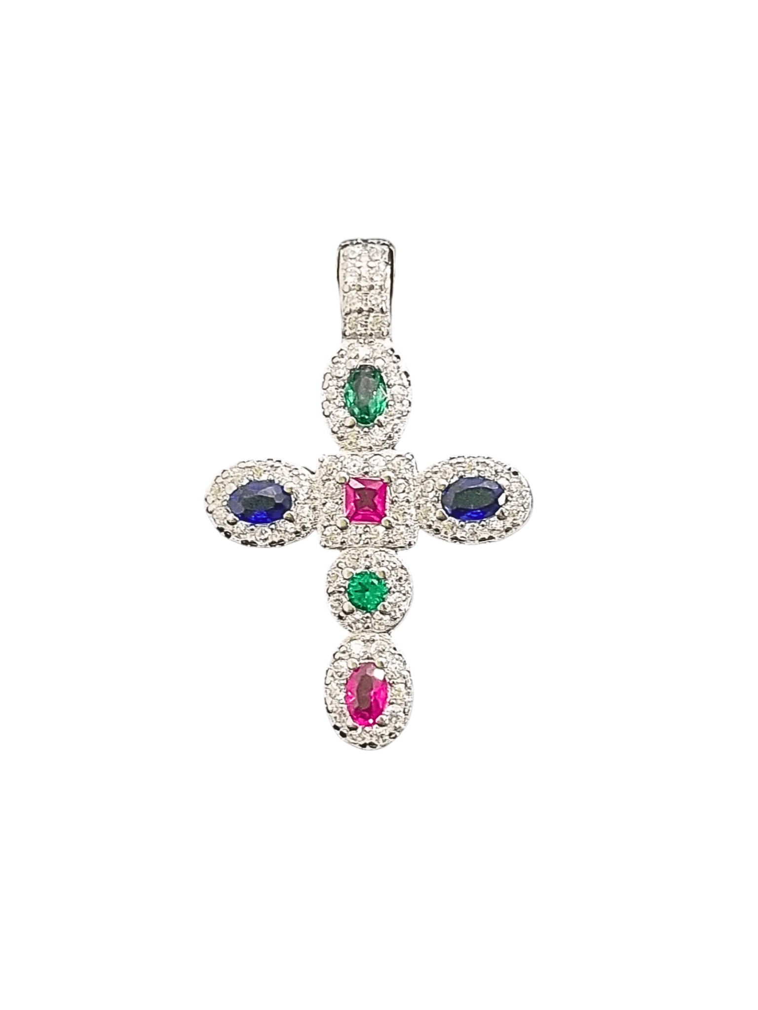 Pingente de Cruz com Zircônias Coloridas e Borda Cravejada com Zircônias Brancas em Prata de Lei 925-TerraCotta Arte Sacra