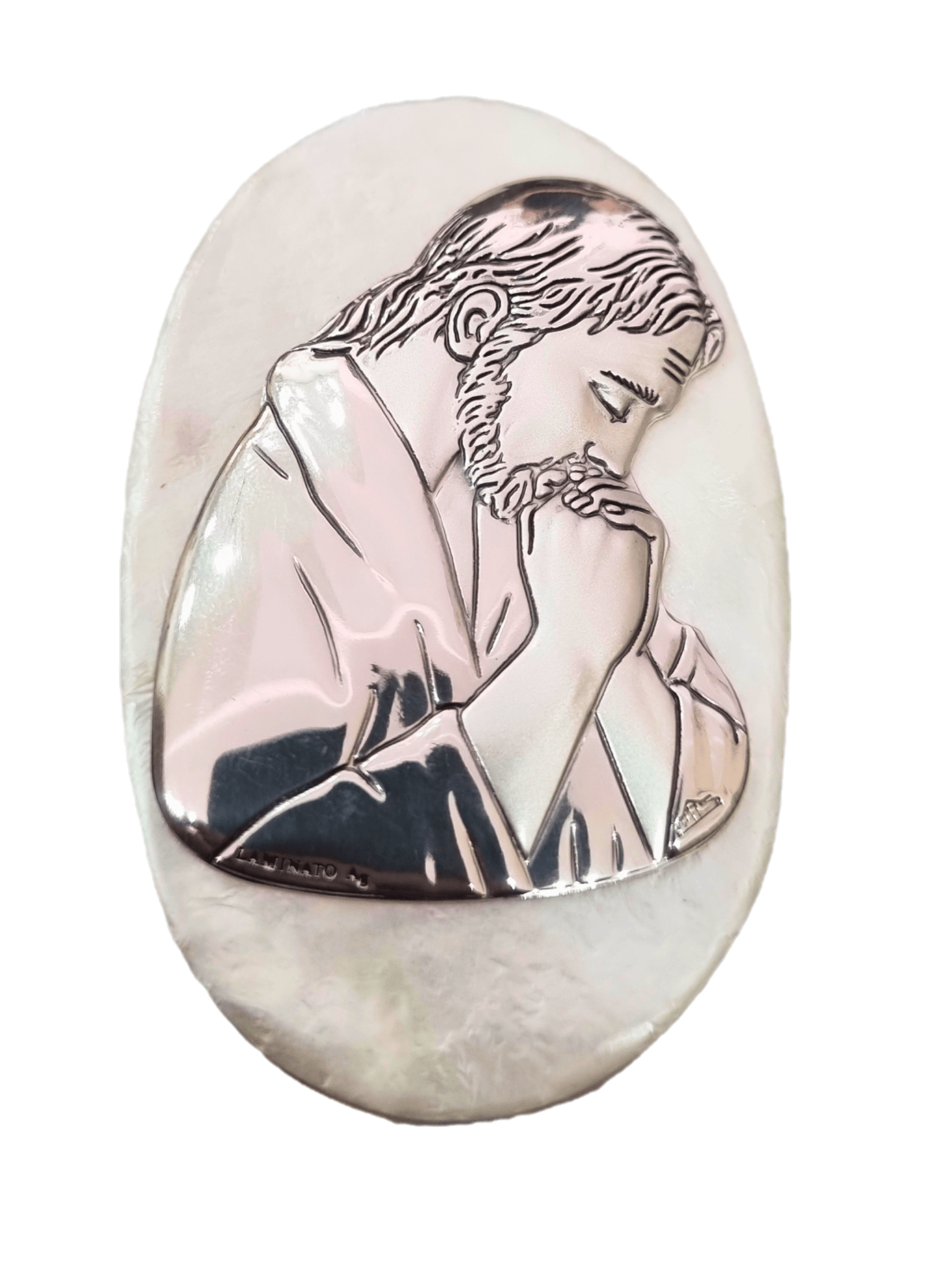 Porta Terço Italiano de Madrepérola e Prata Oval Jesus Orando 7 x 4,5 cm-TerraCotta Arte Sacra