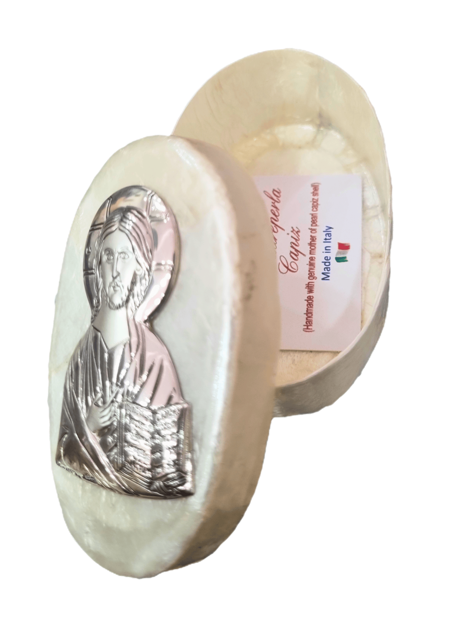 Porta Terço Italiano de Madrepérola e Prata Oval Jesus Pantokrator 7 x 4,5 cm-TerraCotta Arte Sacra