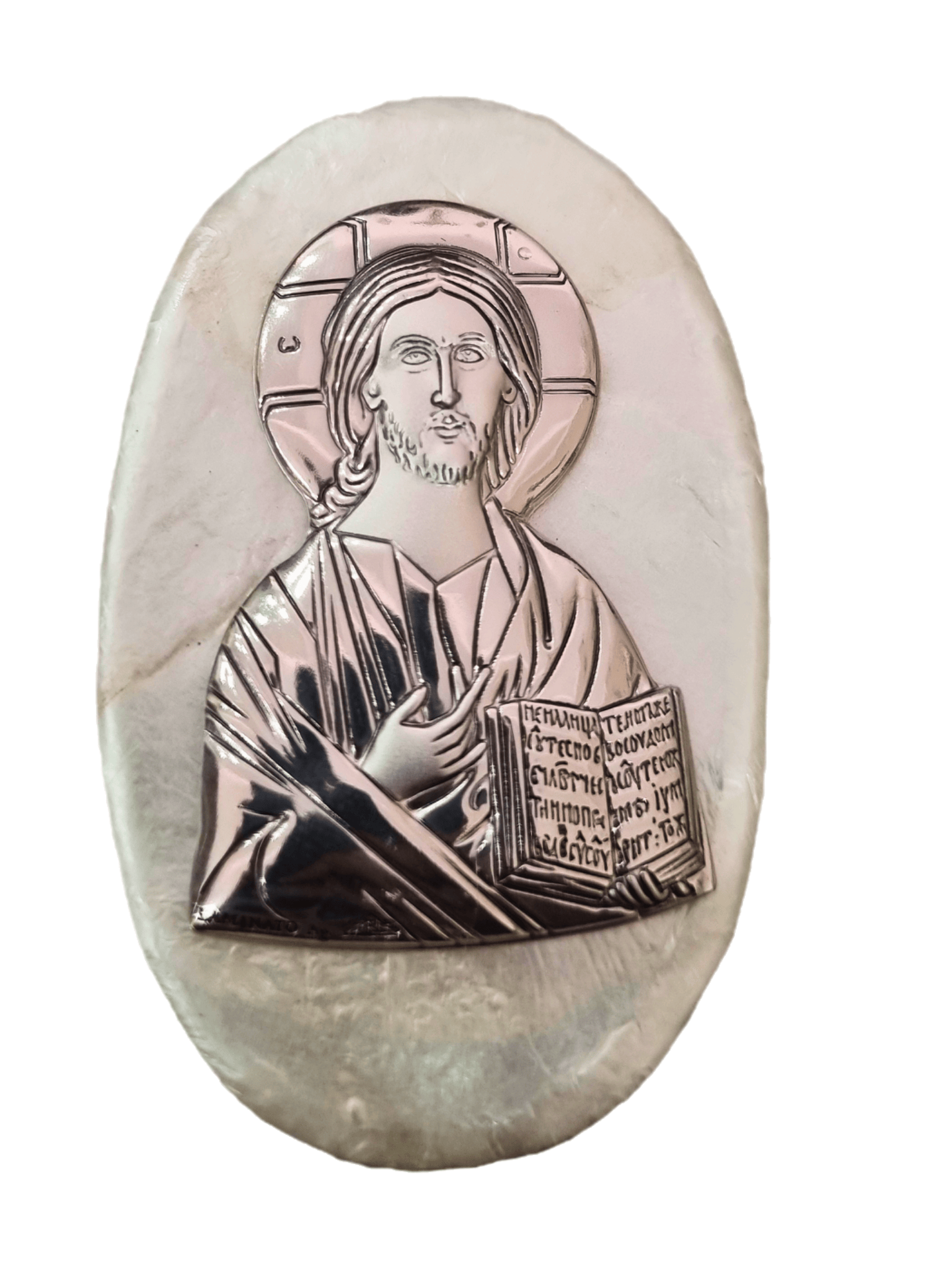 Porta Terço Italiano de Madrepérola e Prata Oval Jesus Pantokrator 7 x 4,5 cm-TerraCotta Arte Sacra