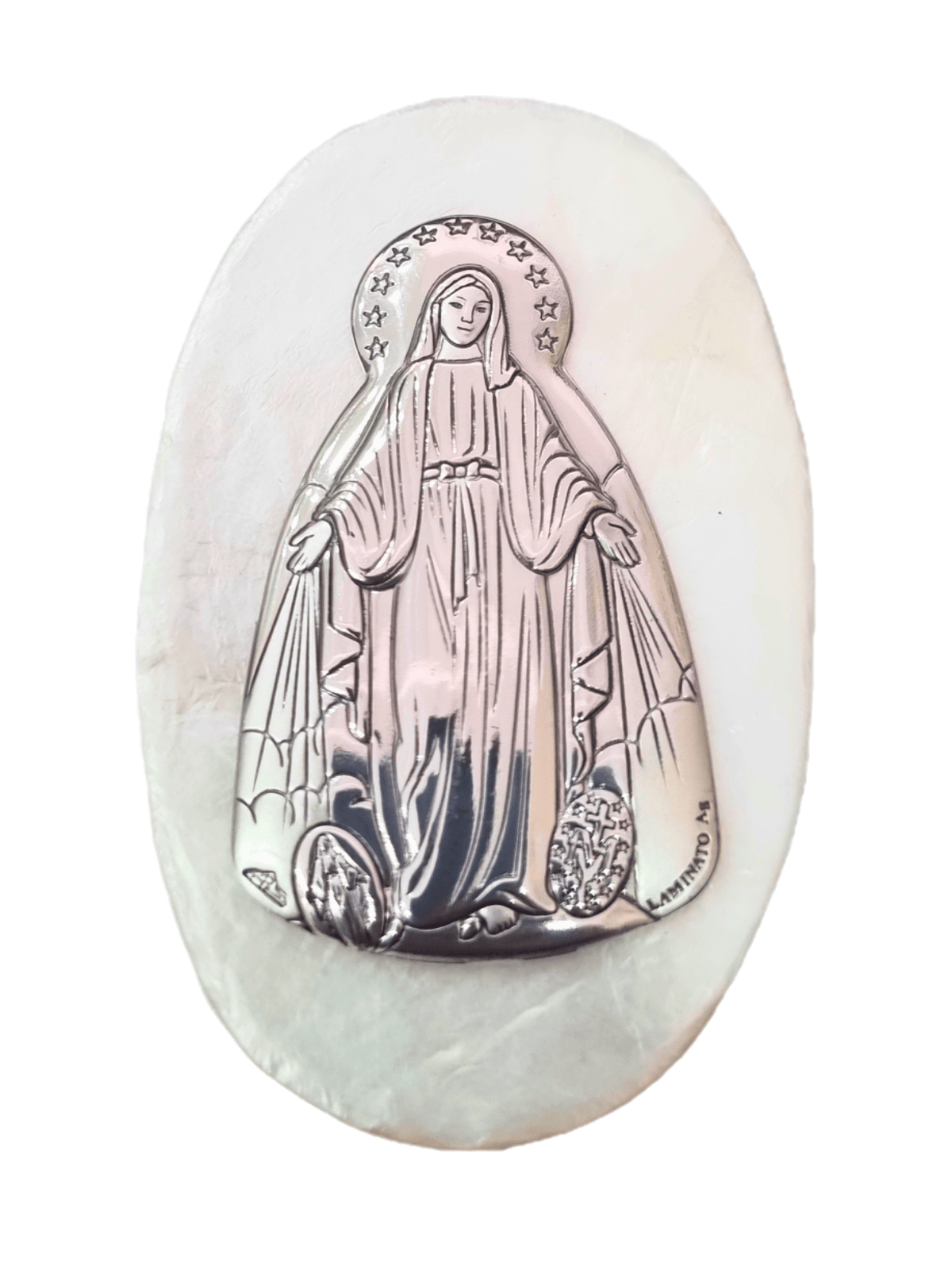 Porta Terço Italiano de Madrepérola e Prata Oval Nossa Senhora das Graças 7 x 4,5 cm-TerraCotta Arte Sacra