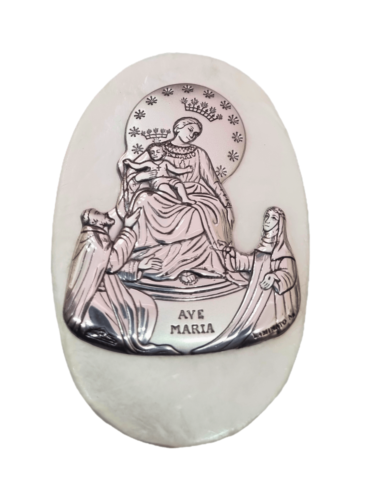 Porta Terço Italiano de Madrepérola e Prata Oval Nossa Senhora do Rosário 7 x 4,5 cm-TerraCotta Arte Sacra