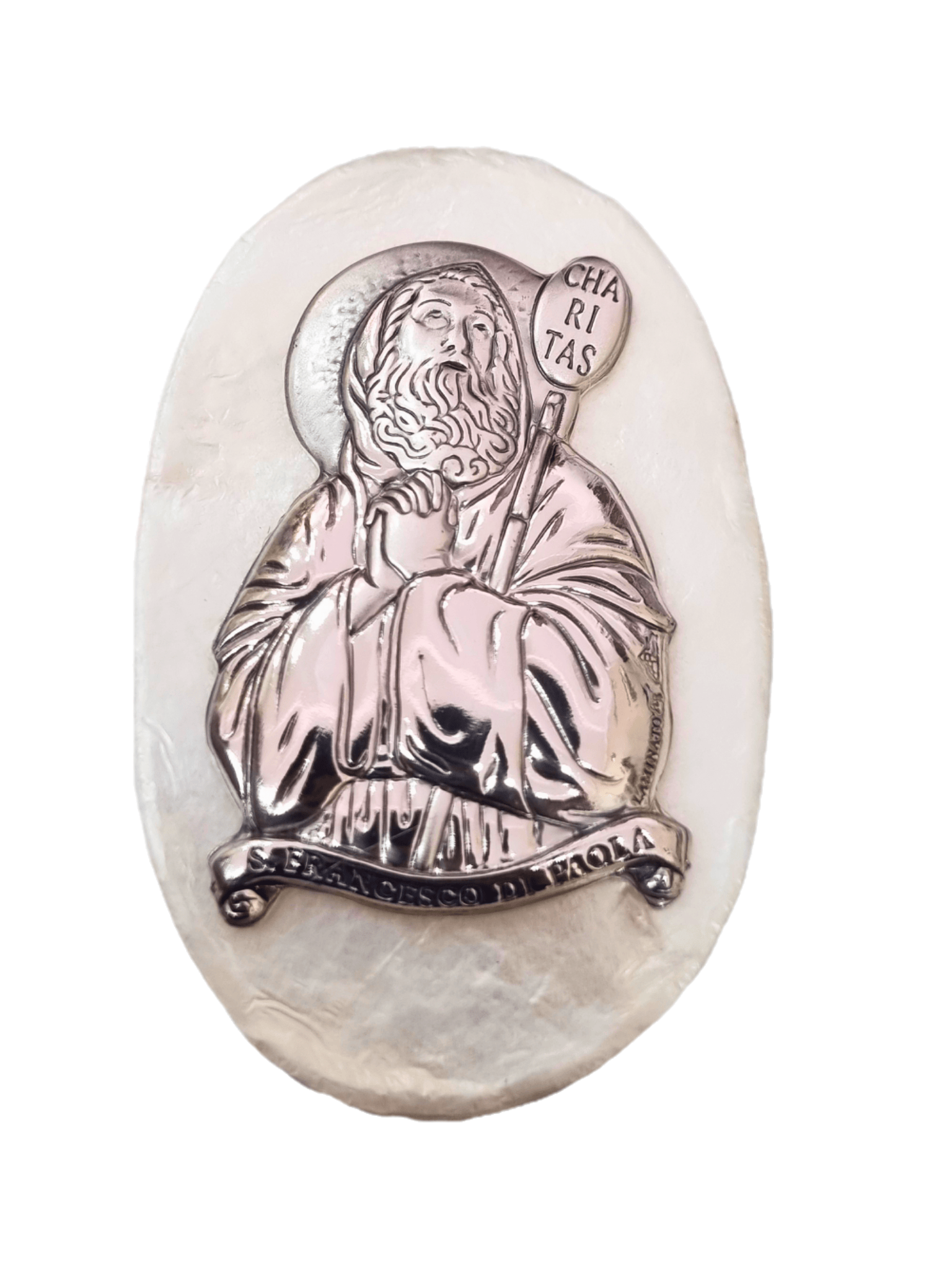 Porta Terço Italiano de Madrepérola e Prata Oval São Francisco de Paula 7 x 4,5 cm-TerraCotta Arte Sacra