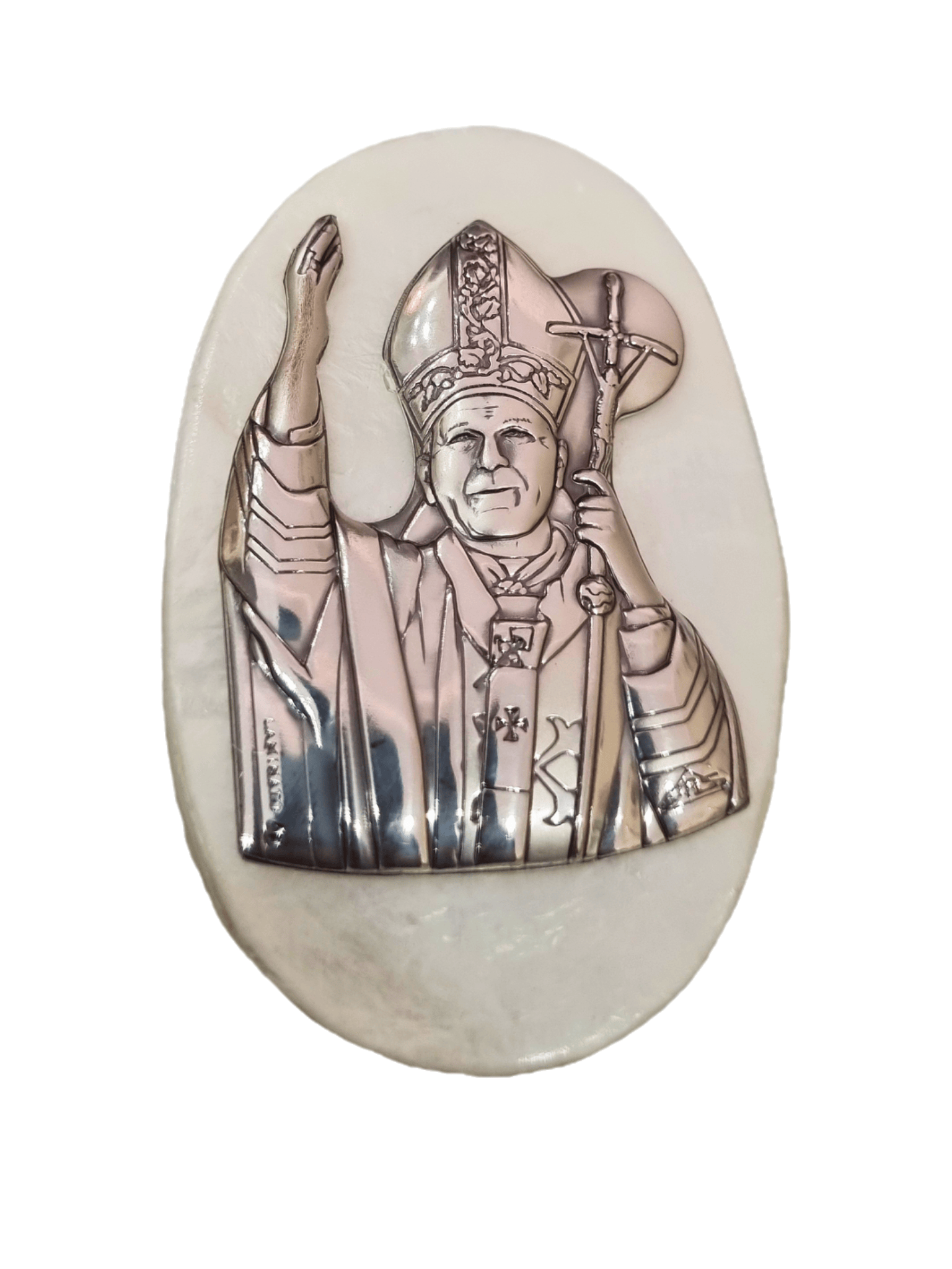 Porta Terço Italiano de Madrepérola e Prata Oval São João Paulo II 7 x 4,5 cm-TerraCotta Arte Sacra