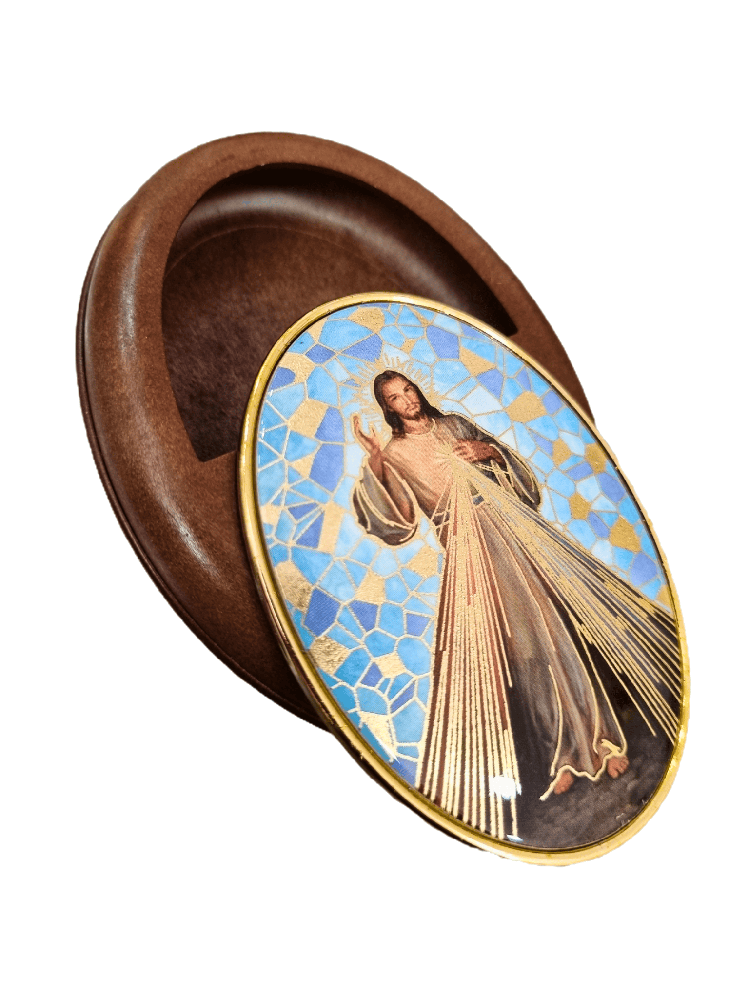 Porta Terço Oval Italiano Jesus Misericordioso 6,5 x 8,5 cm-TerraCotta Arte Sacra