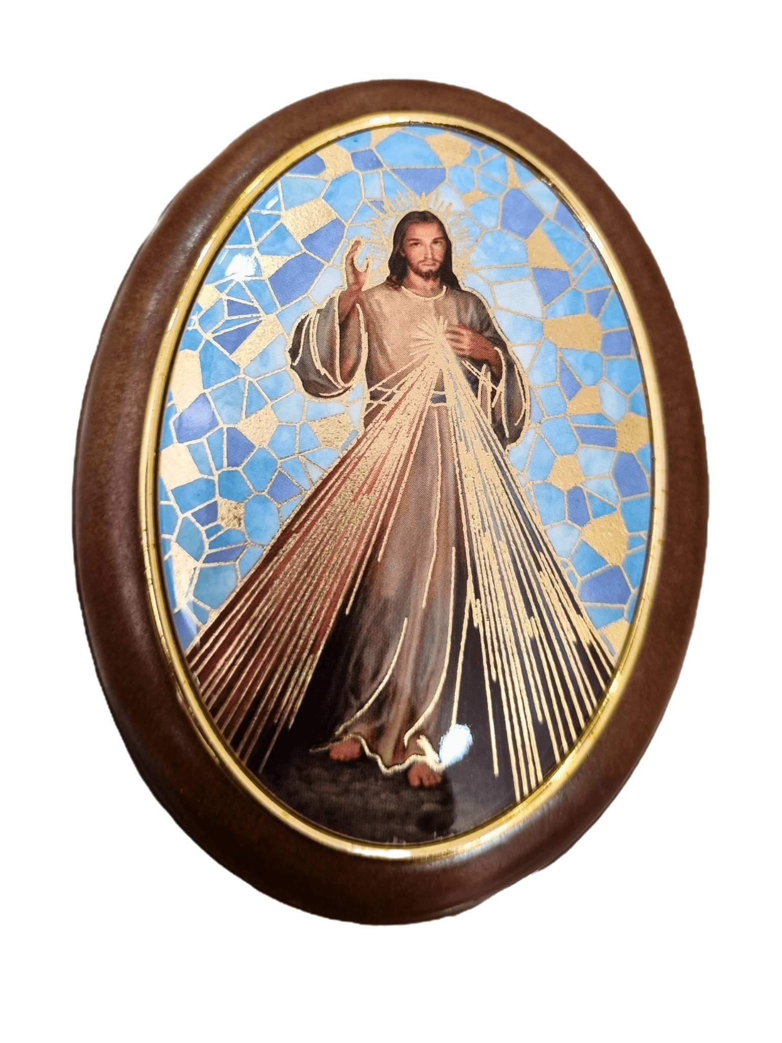 Porta Terço Oval Italiano Jesus Misericordioso 6,5 x 8,5 cm-TerraCotta Arte Sacra