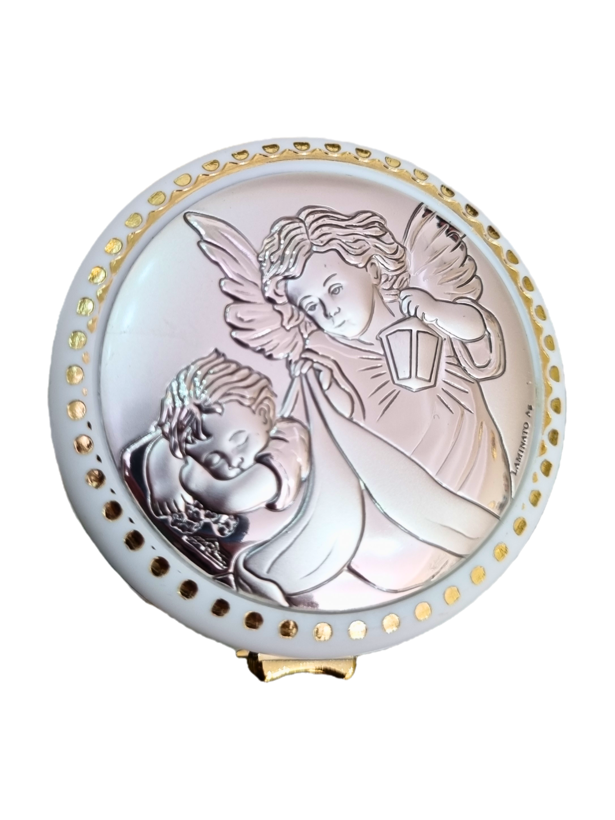 Porta Terço Redondo com Prata Anjo da Guarda 5,5 cm x 5,5 cm-TerraCotta Arte Sacra