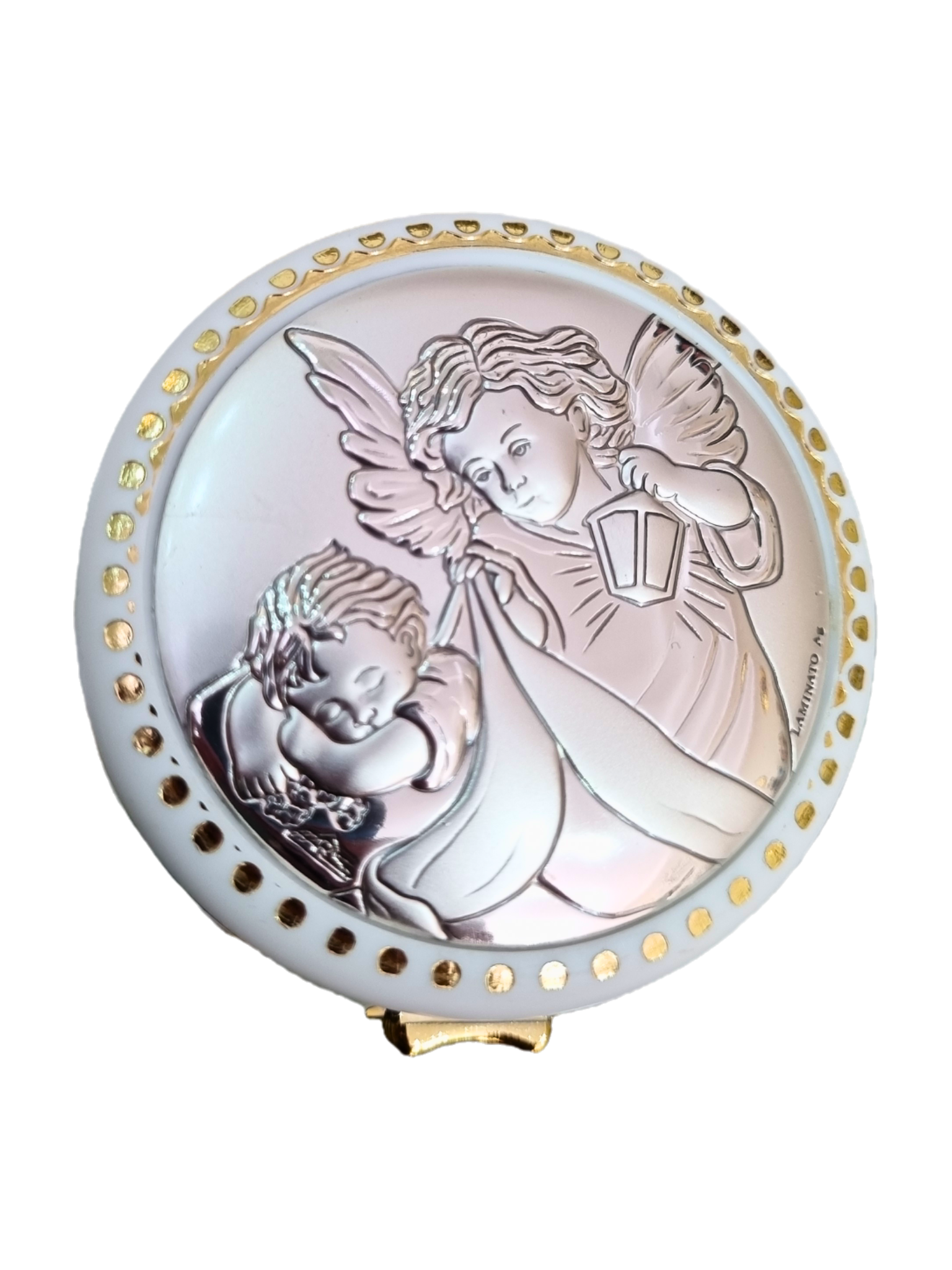 Porta Terço Redondo com Prata Anjo da Guarda 5,5 cm x 5,5 cm-TerraCotta Arte Sacra