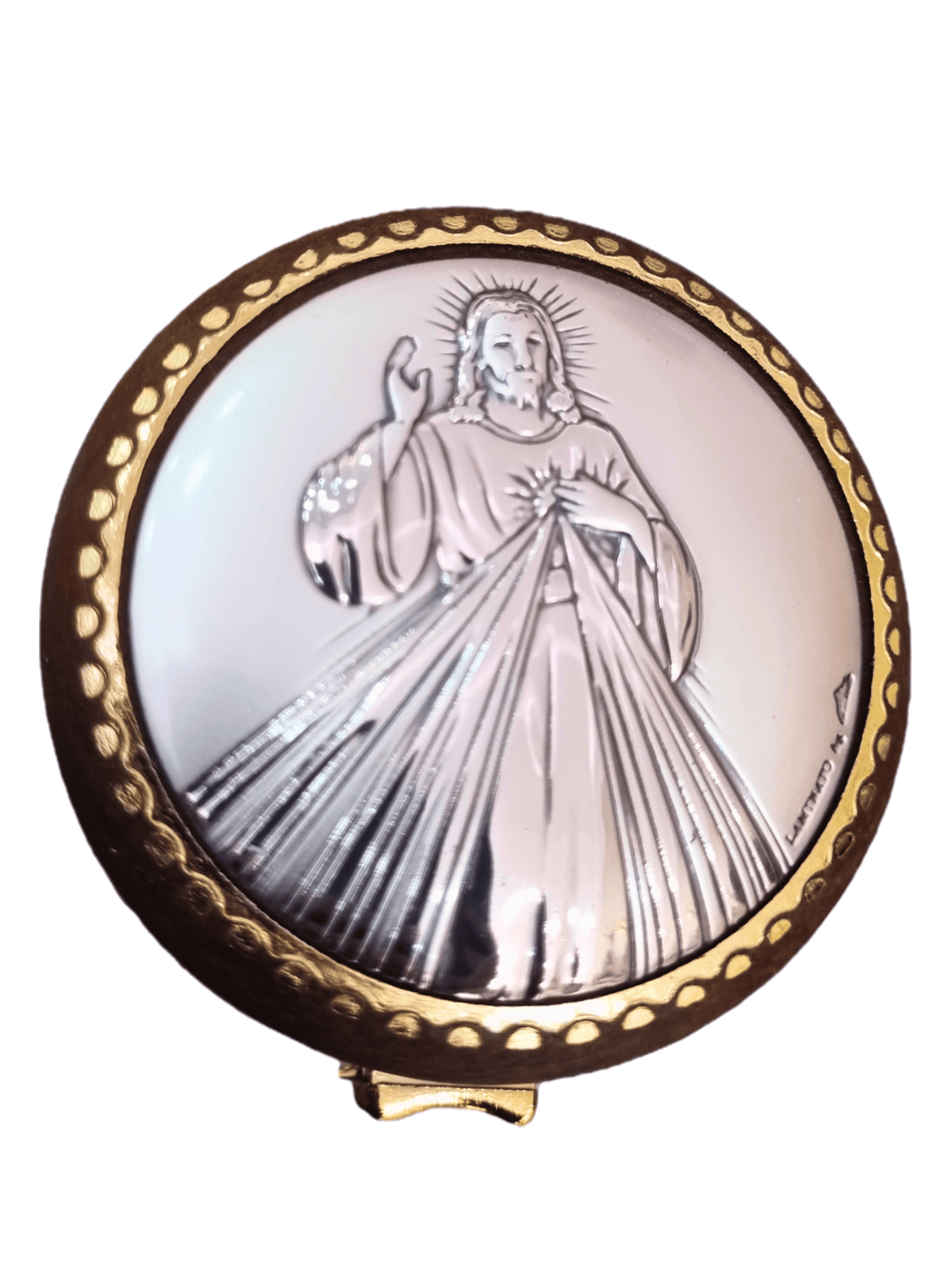 Porta Terço Redondo com Prata Jesus Misericordioso 5,5 cm x 5,5 cm-TerraCotta Arte Sacra