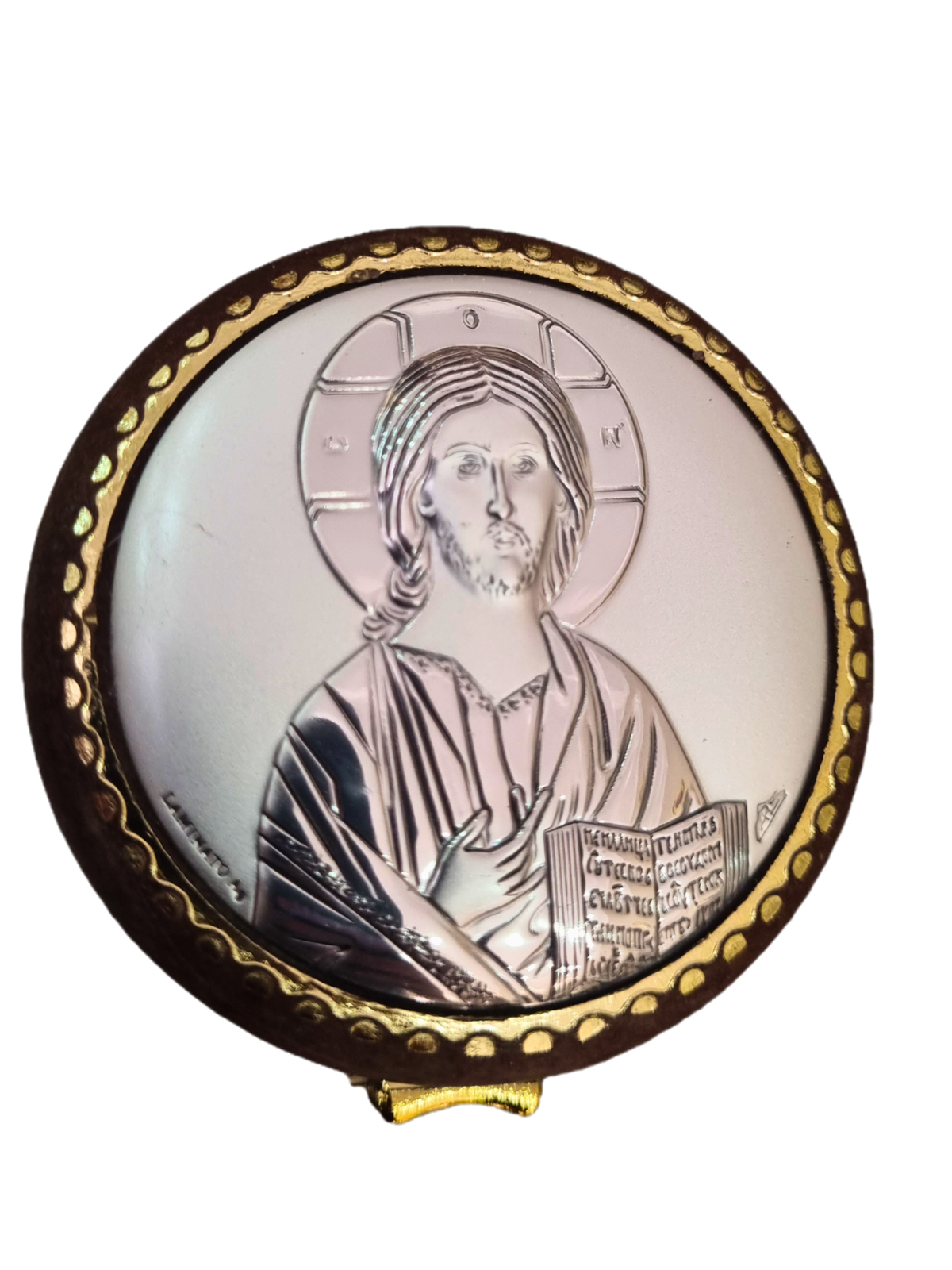 Porta Terço Redondo com Prata Jesus Ortodoxo 5,5 cm x 5,5 cm-TerraCotta Arte Sacra