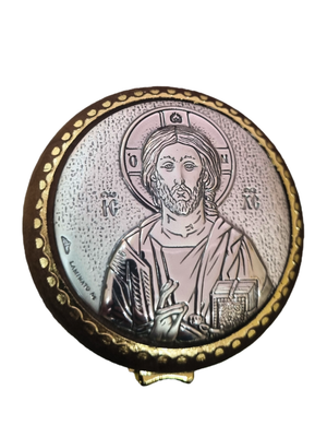 Porta Terço Redondo com Prata Jesus Pantocrator 5,5 cm x 5,5 cm-TerraCotta Arte Sacra