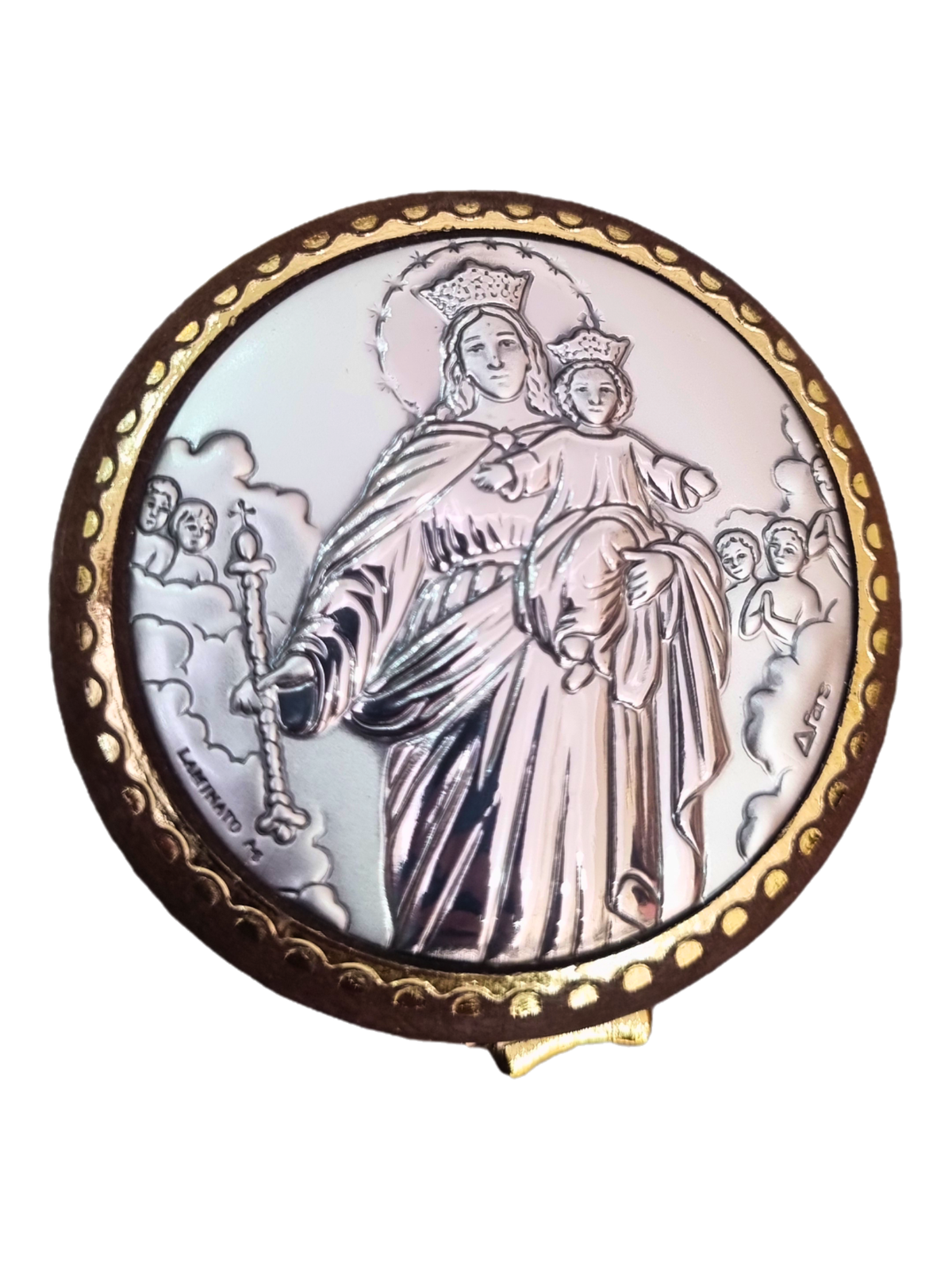 Porta Terço Redondo com Prata Nossa Senhora Auxiliadora 5,5 cm x 5,5 cm-TerraCotta Arte Sacra