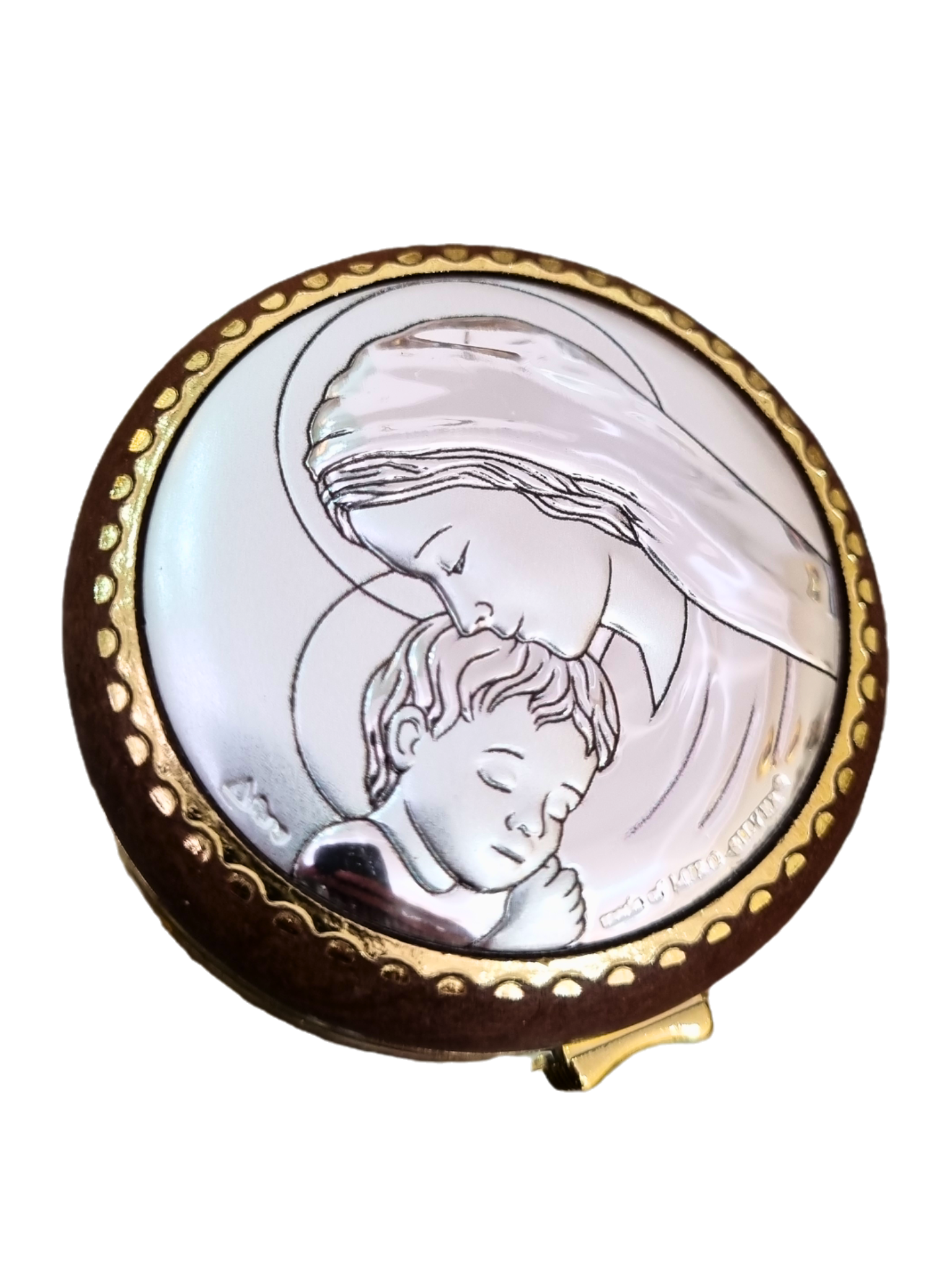 Porta Terço Redondo com Prata Nossa Senhora Com Menino 5,5 cm x 5,5 cm-TerraCotta Arte Sacra
