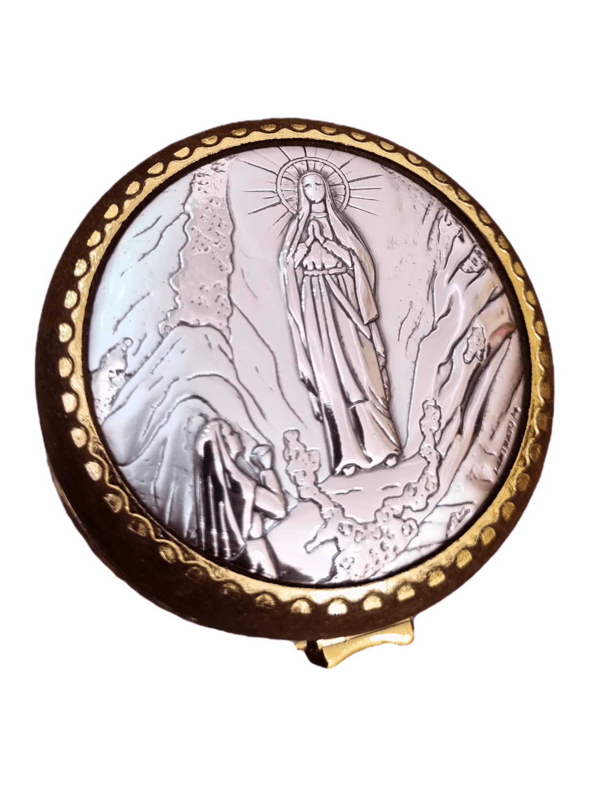 Porta Terço Redondo com Prata Nossa Senhora De Lourdes 5,5 cm x 5,5 cm-TerraCotta Arte Sacra