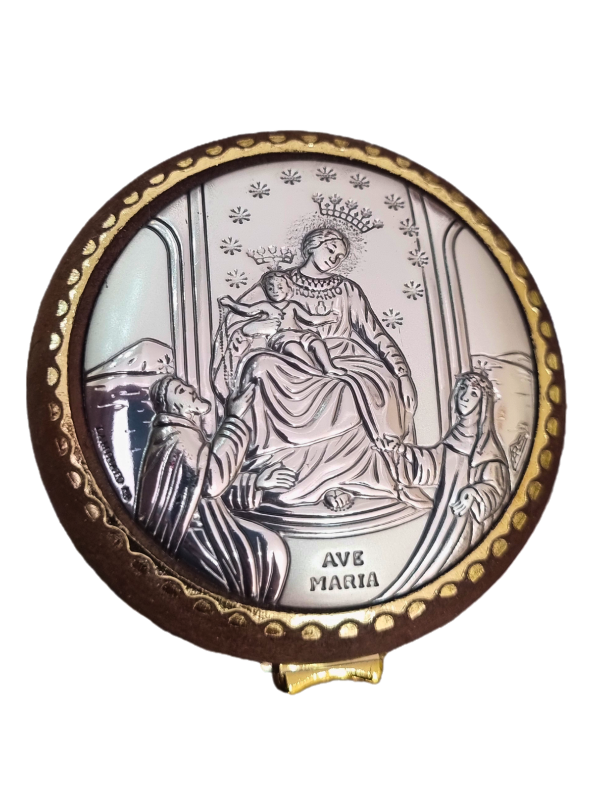 Porta Terço Redondo com Prata Nossa Senhora Do Rosário 5,5 cm x 5,5 cm-TerraCotta Arte Sacra