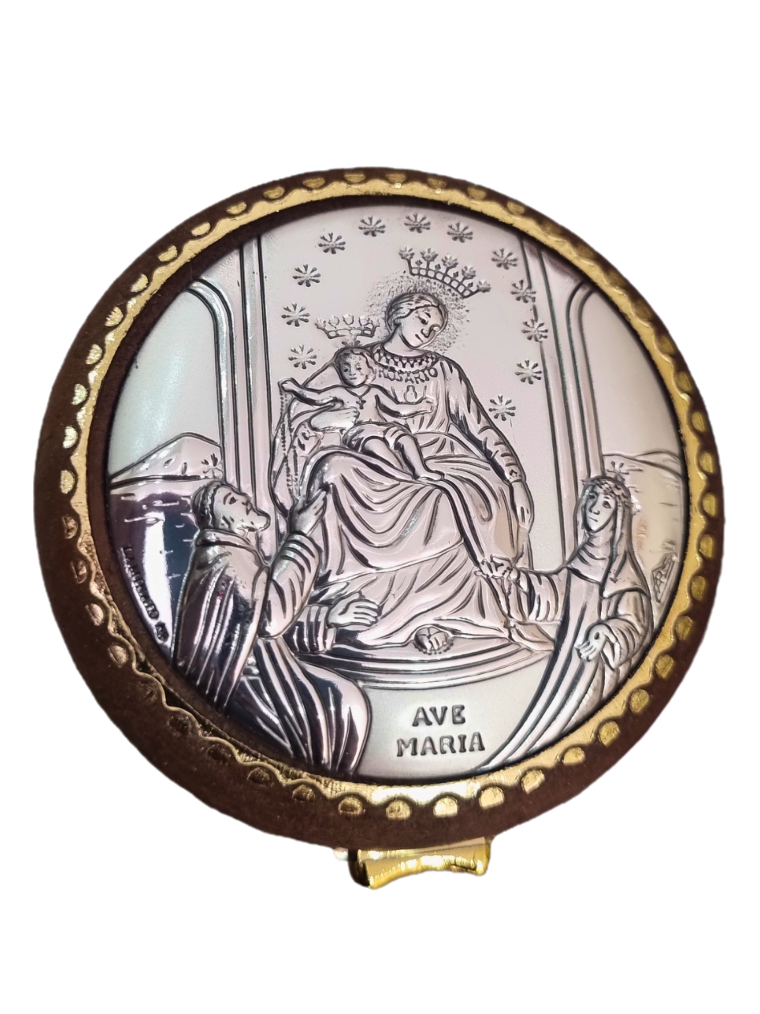 Porta Terço Redondo com Prata Nossa Senhora Do Rosário 5,5 cm x 5,5 cm-TerraCotta Arte Sacra