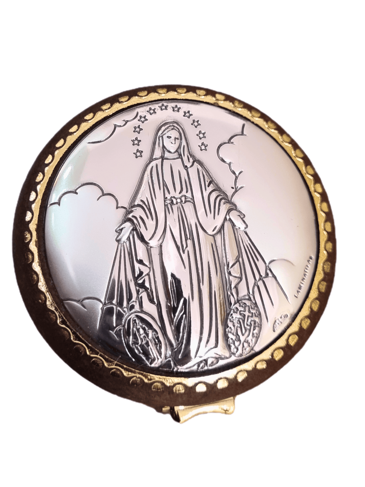 Porta Terço Redondo com Prata Nossa Senhora das Graças 5,5 cm x 5,5 cm-TerraCotta Arte Sacra