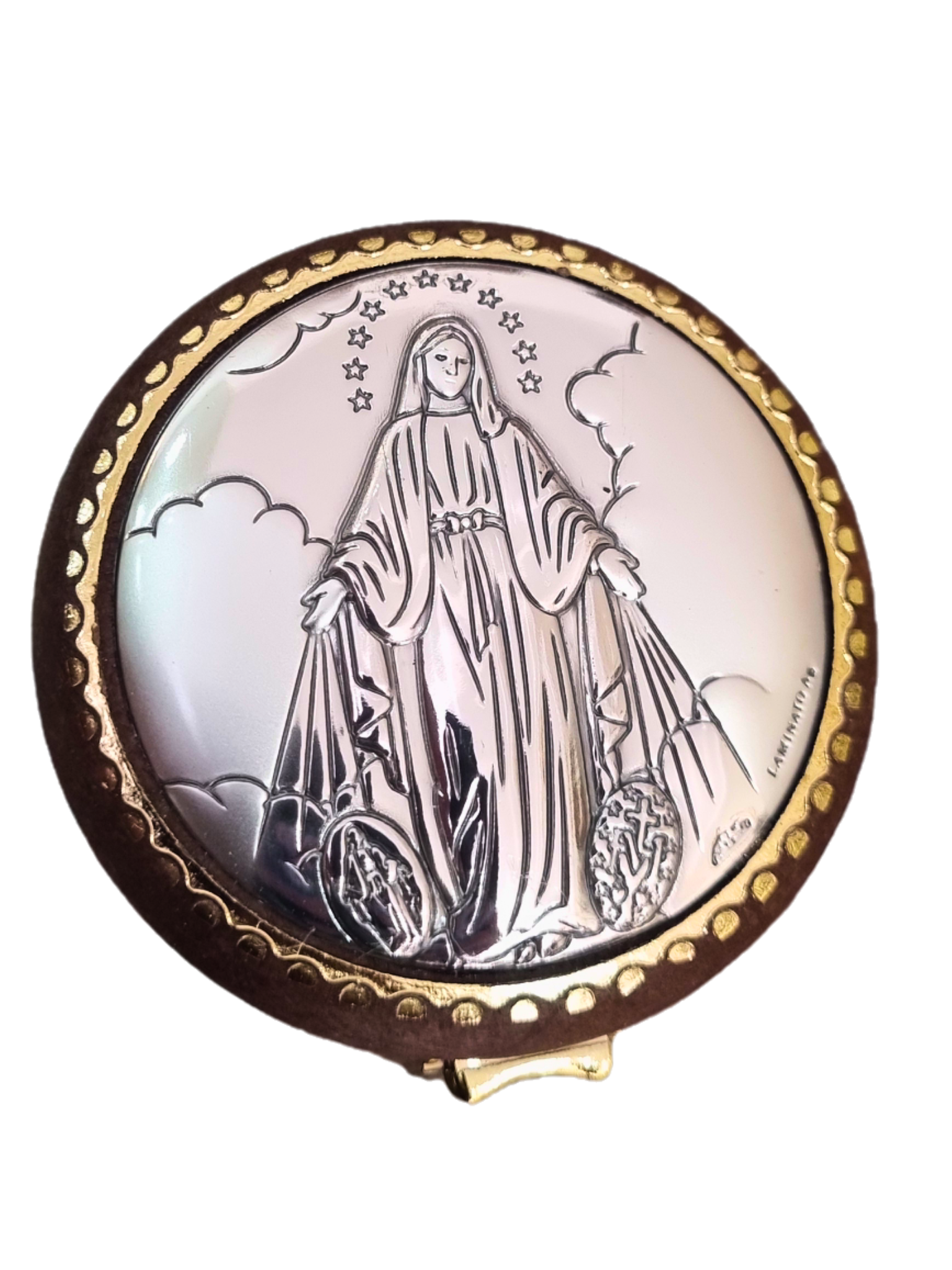 Porta Terço Redondo com Prata Nossa Senhora das Graças 5,5 cm x 5,5 cm-TerraCotta Arte Sacra