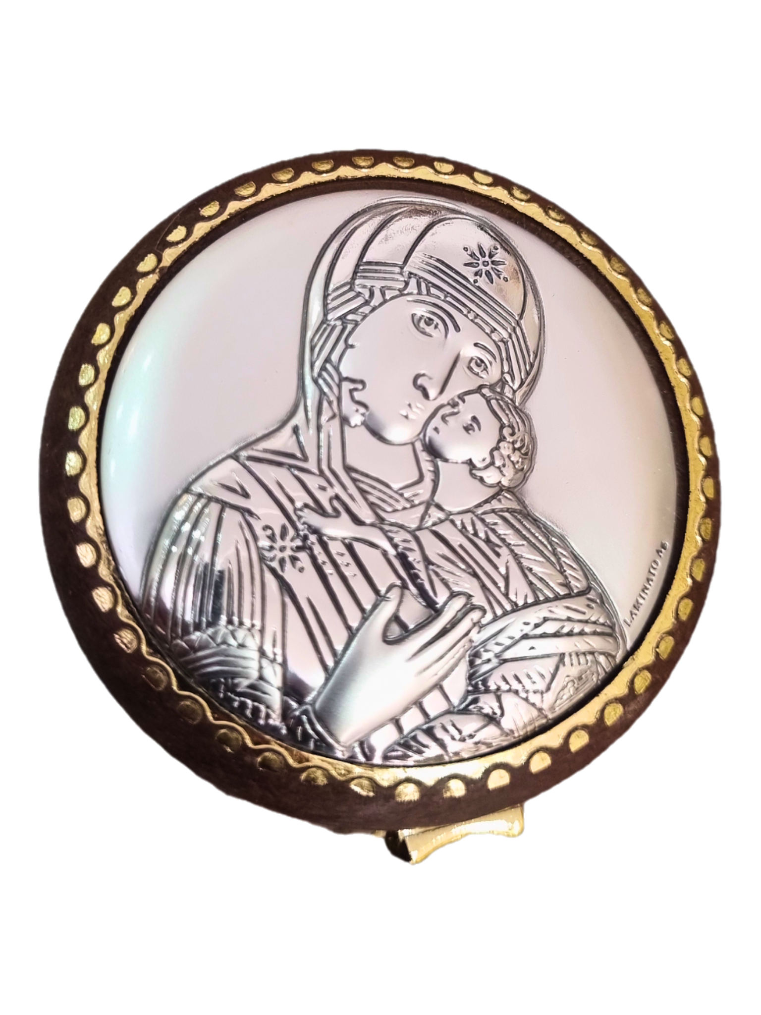 Porta Terço Redondo com Prata Perpetuo Socorro 5,5 cm x 5,5 cm-TerraCotta Arte Sacra