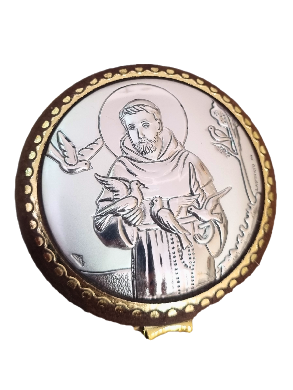 Porta Terço Redondo com Prata São Francisco 5,5 cm x 5,5 cm-TerraCotta Arte Sacra