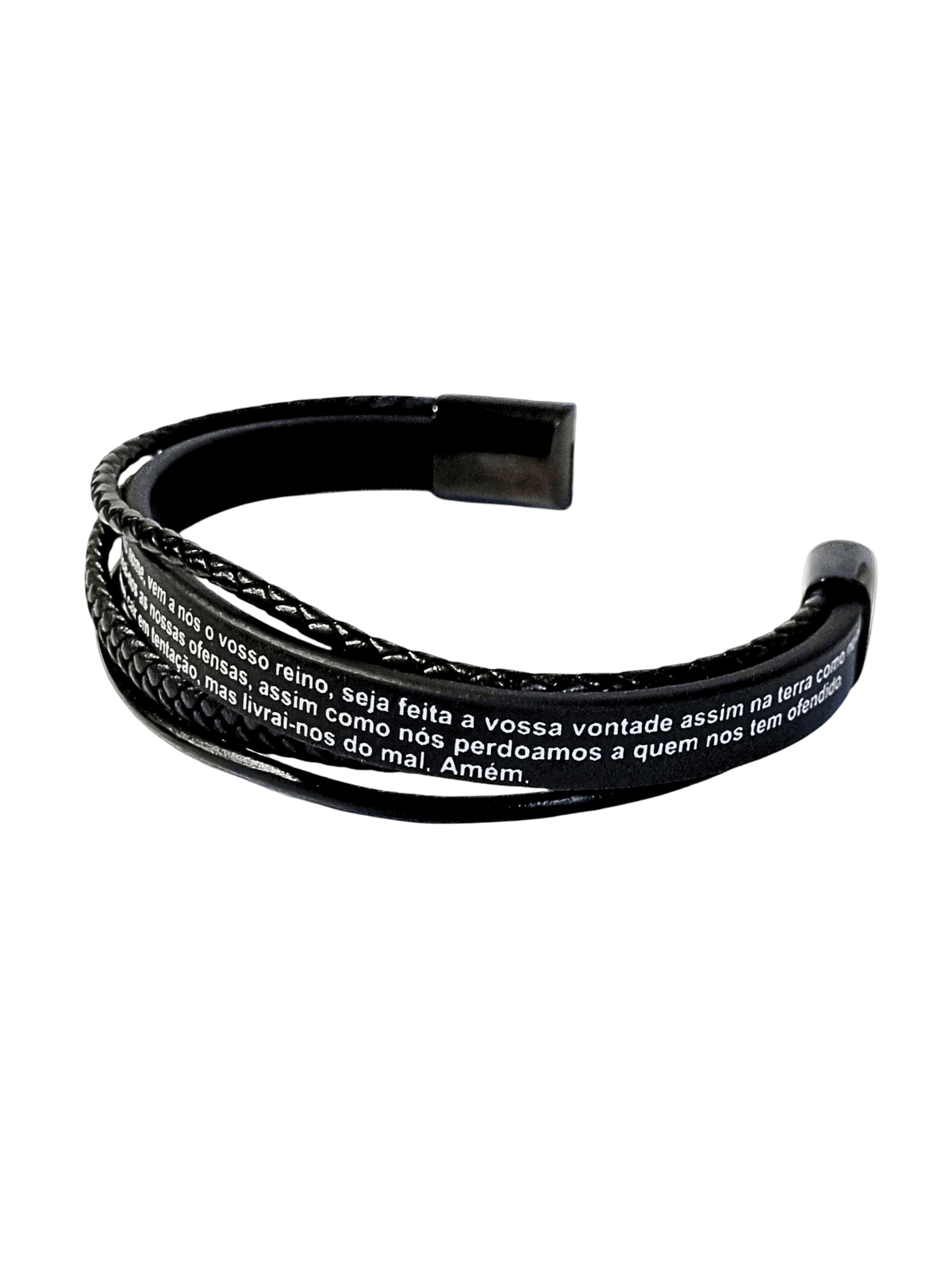 Pulseira de Aço com 4 Tiras em Couro Oração do Pai-Nosso 20 cm-TerraCotta Arte Sacra