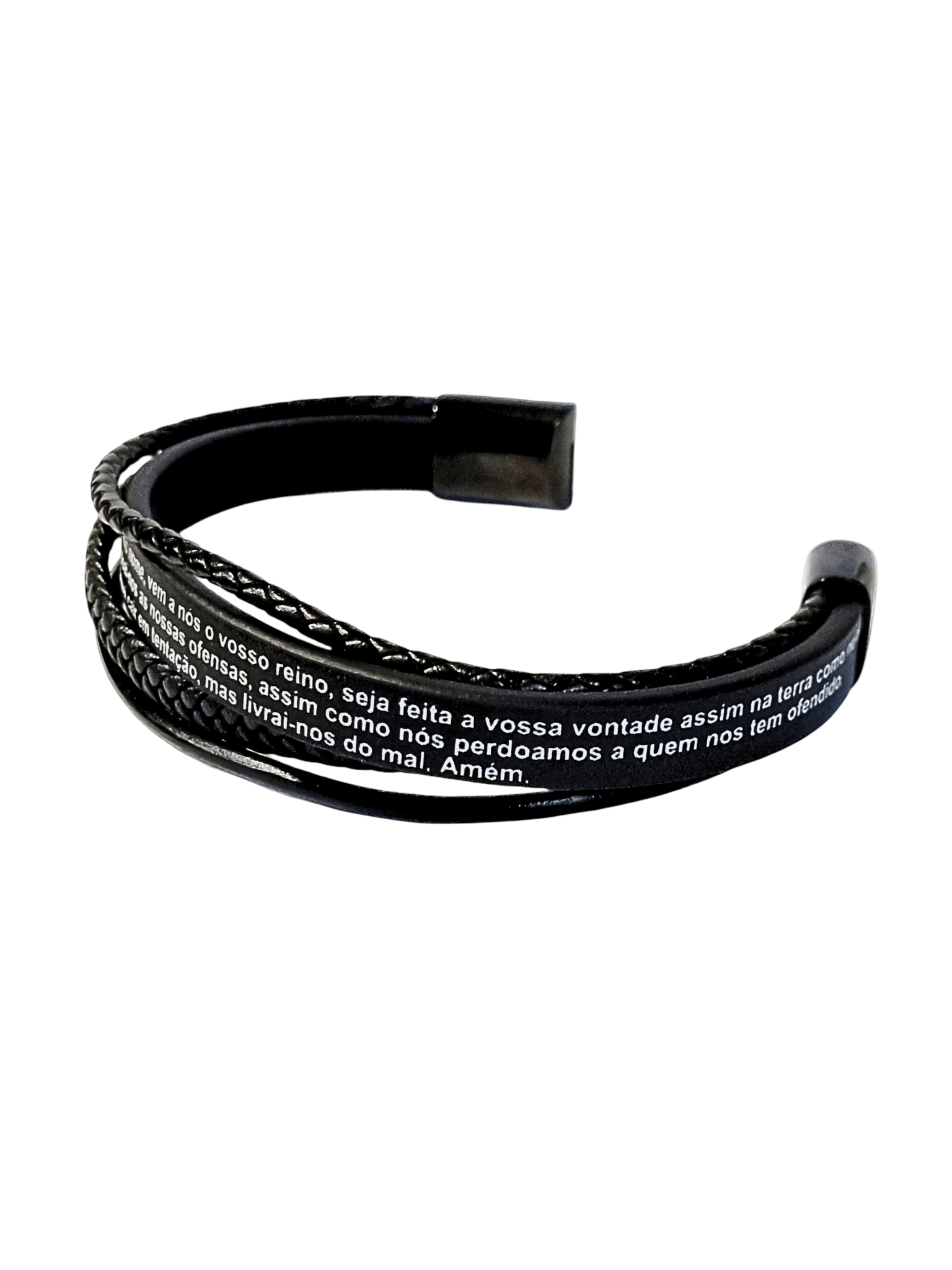 Pulseira de Aço com 4 Tiras em Couro Oração do Pai-Nosso 20 cm-TerraCotta Arte Sacra