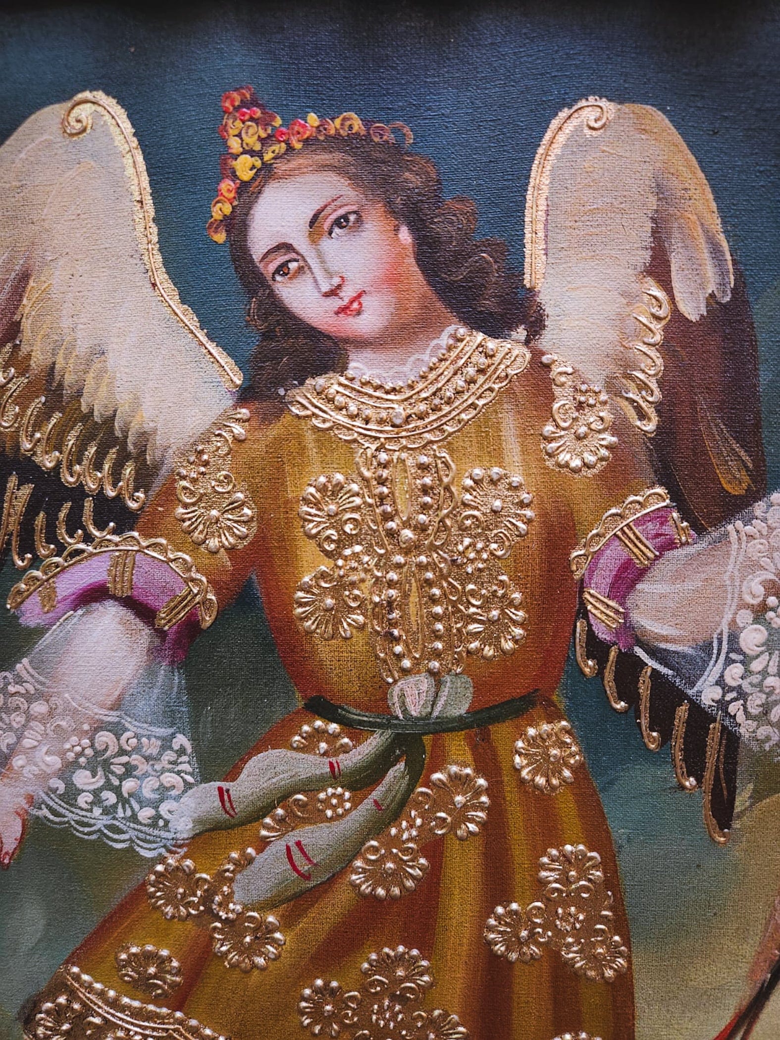 Quadro Cusquenho De São Rafael Vestias Amarela-TerraCotta Arte Sacra