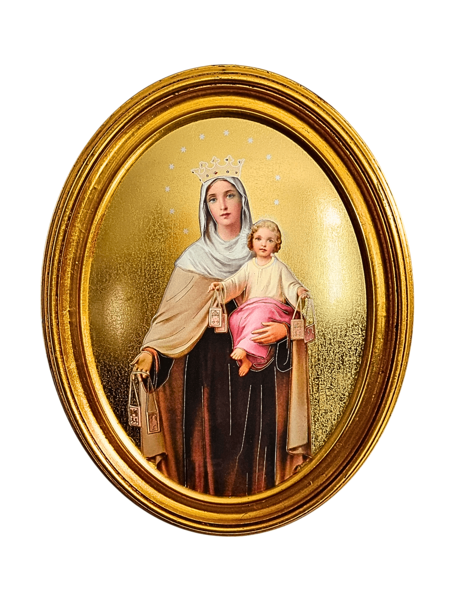 Quadro Italiano Oval com Folhas de Ouro Nossa Senhora do Carmo 36,5 x 29cm-TerraCotta Arte Sacra