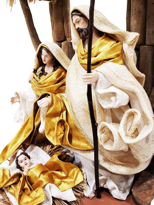 Sagrada Família com Vestes Dourada e Branca e Estábulo-TerraCotta Arte Sacra