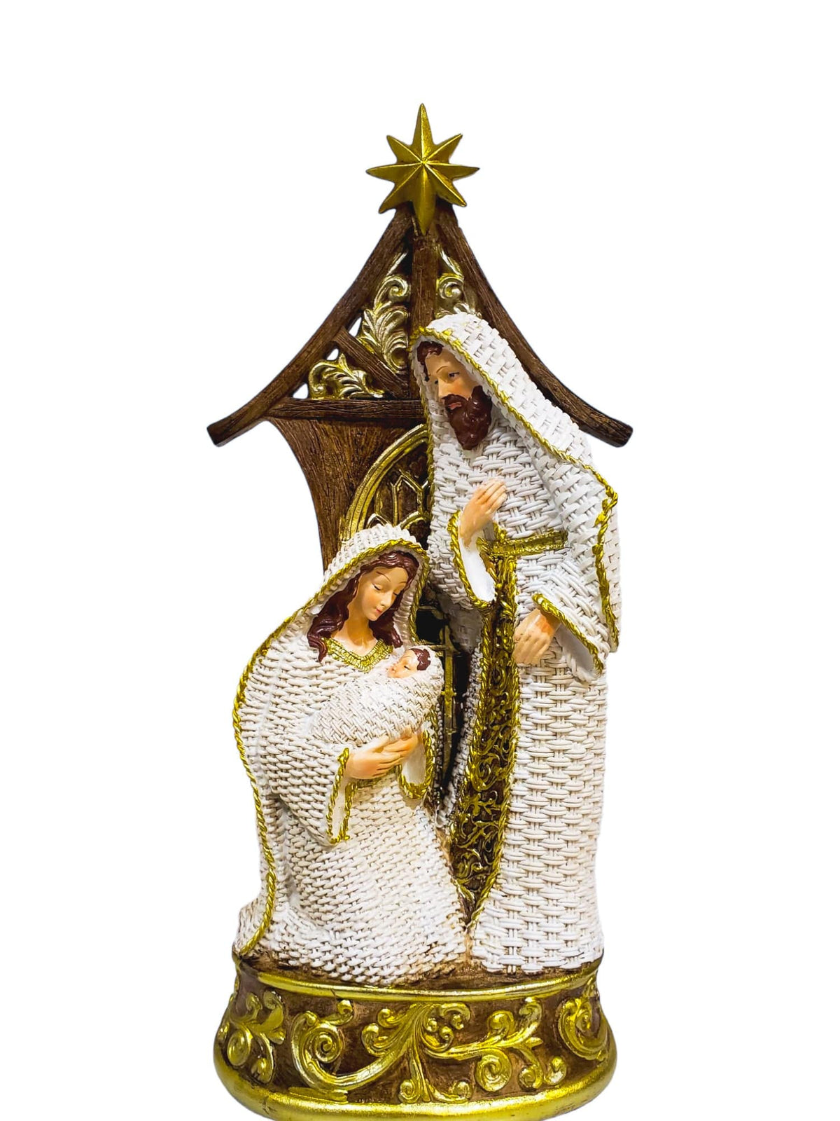 Sagrada Família em Resina com Vestes Branca e Dourado-TerraCotta Arte Sacra