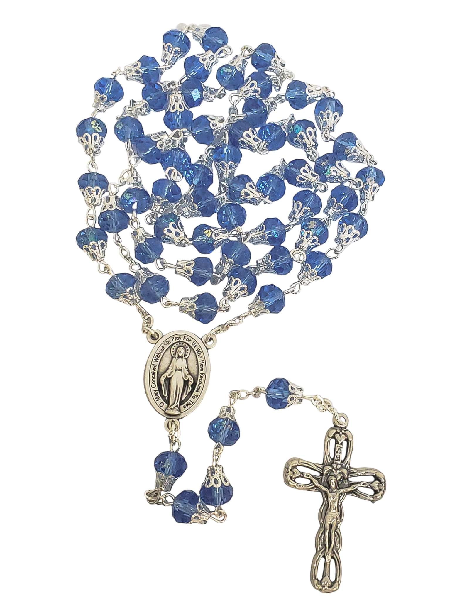 Terço Italiano de Cristal Medalha Milagrosa com Tulipa Azul-TerraCotta Arte Sacra