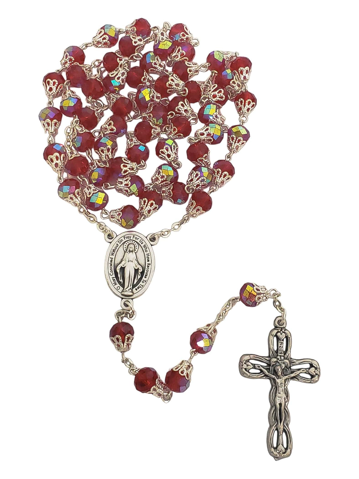 Terço Italiano de Cristal Medalha Milagrosa com Tulipa Vermelho-TerraCotta Arte Sacra