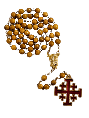 Terço Italiano de Madeira Cruz de Jerusalém com Relicário de Lourdes 6 mm-TerraCotta Arte Sacra