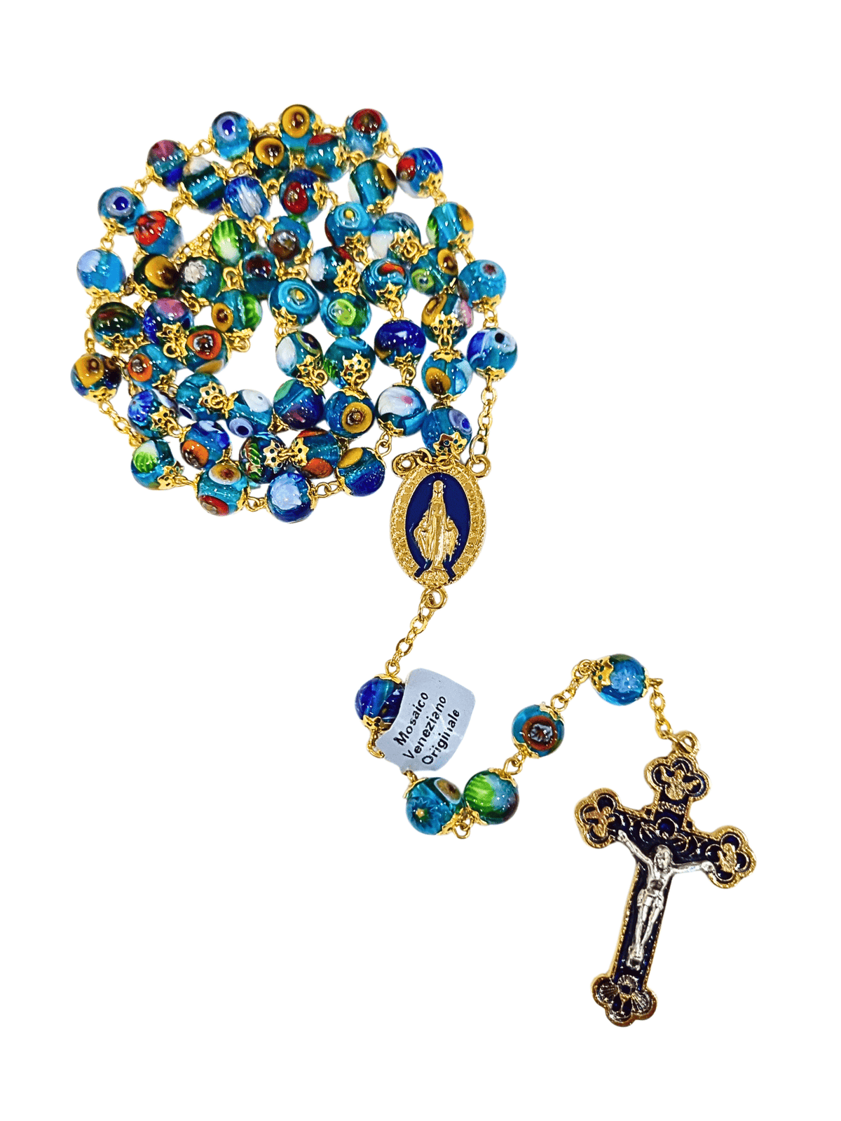 Terço Italiano de Murano Mosaico Turquesa Translúcido 8 mm-TerraCotta Arte Sacra