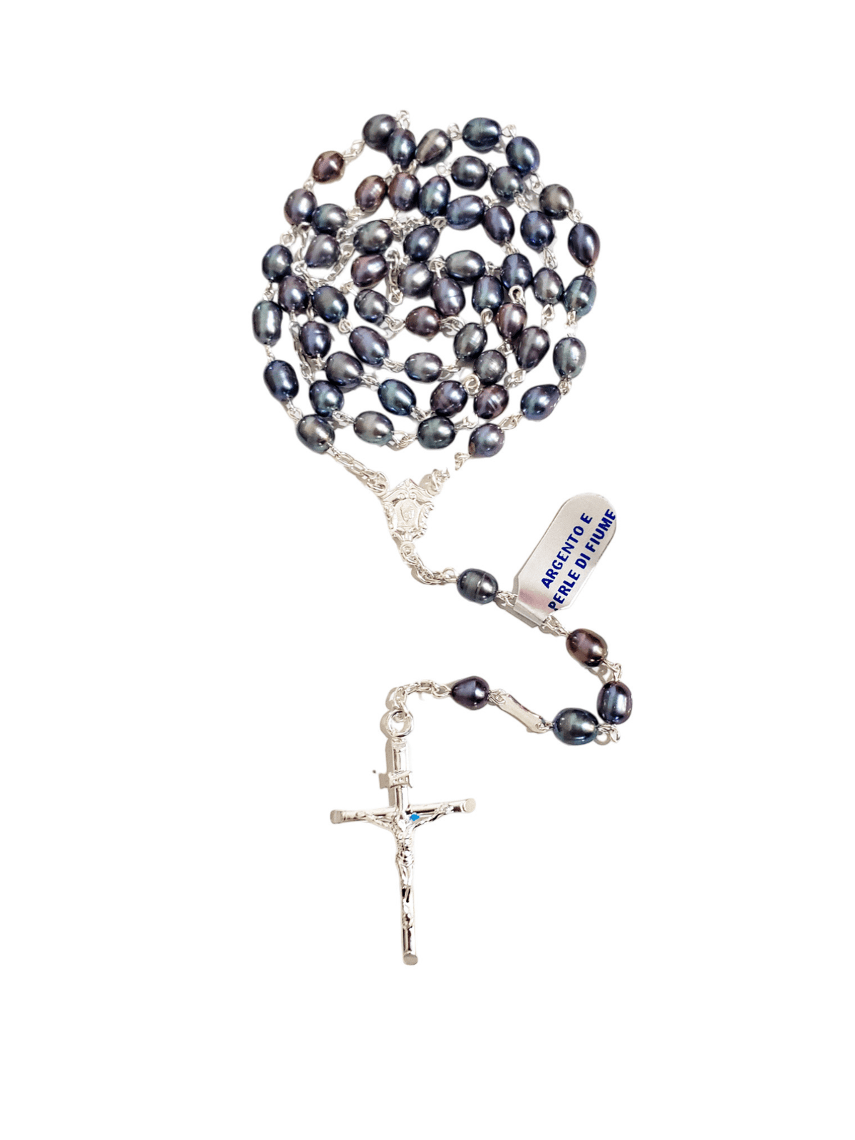 Terço Italiano em Prata de Lei 925 com Pérola Azul 6mm-TerraCotta Arte Sacra