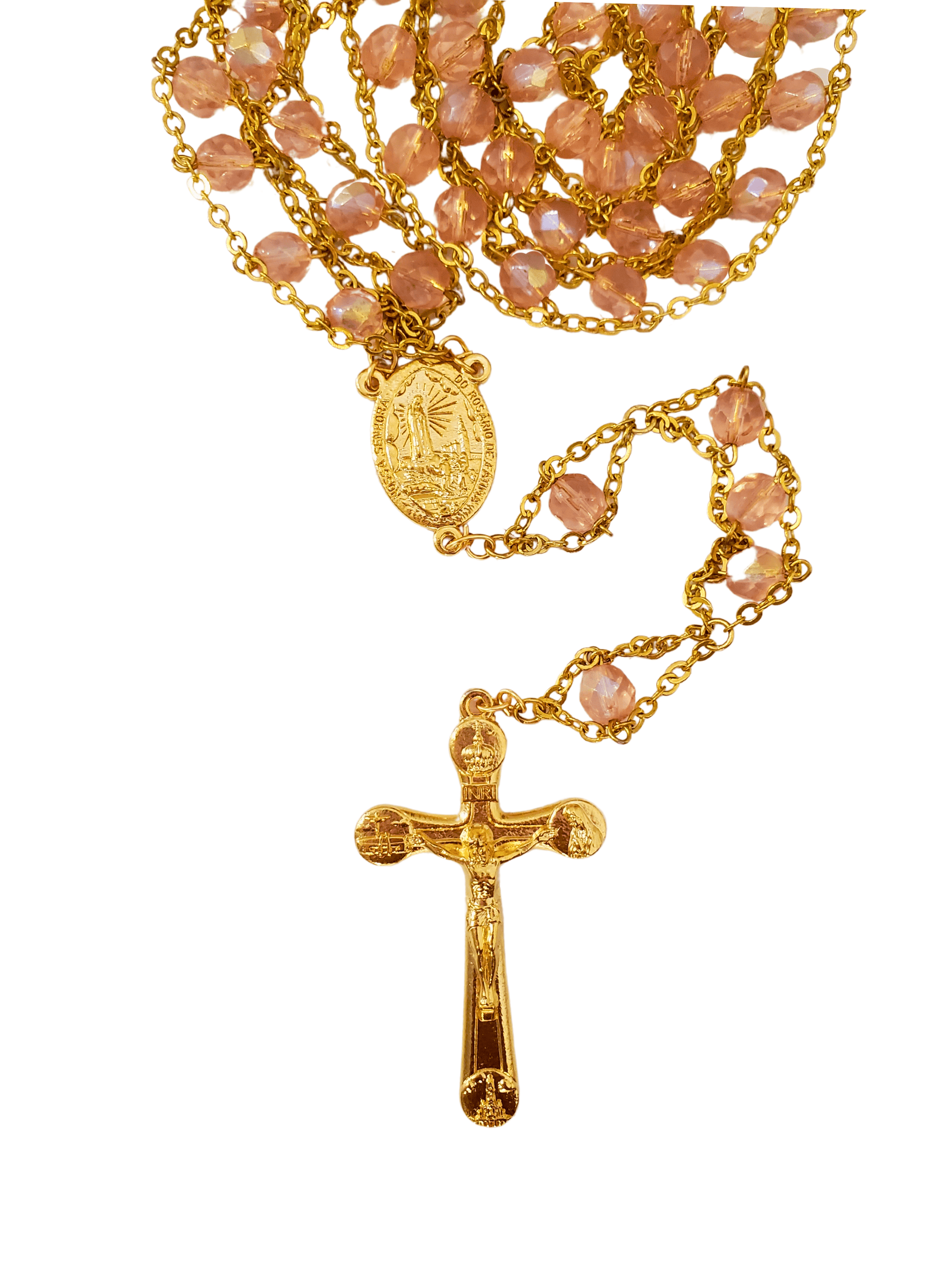 Terço de Cristal Rosa com Dourado de Nossa Senhora de Fátima Feito em Portugal-TerraCotta Arte Sacra