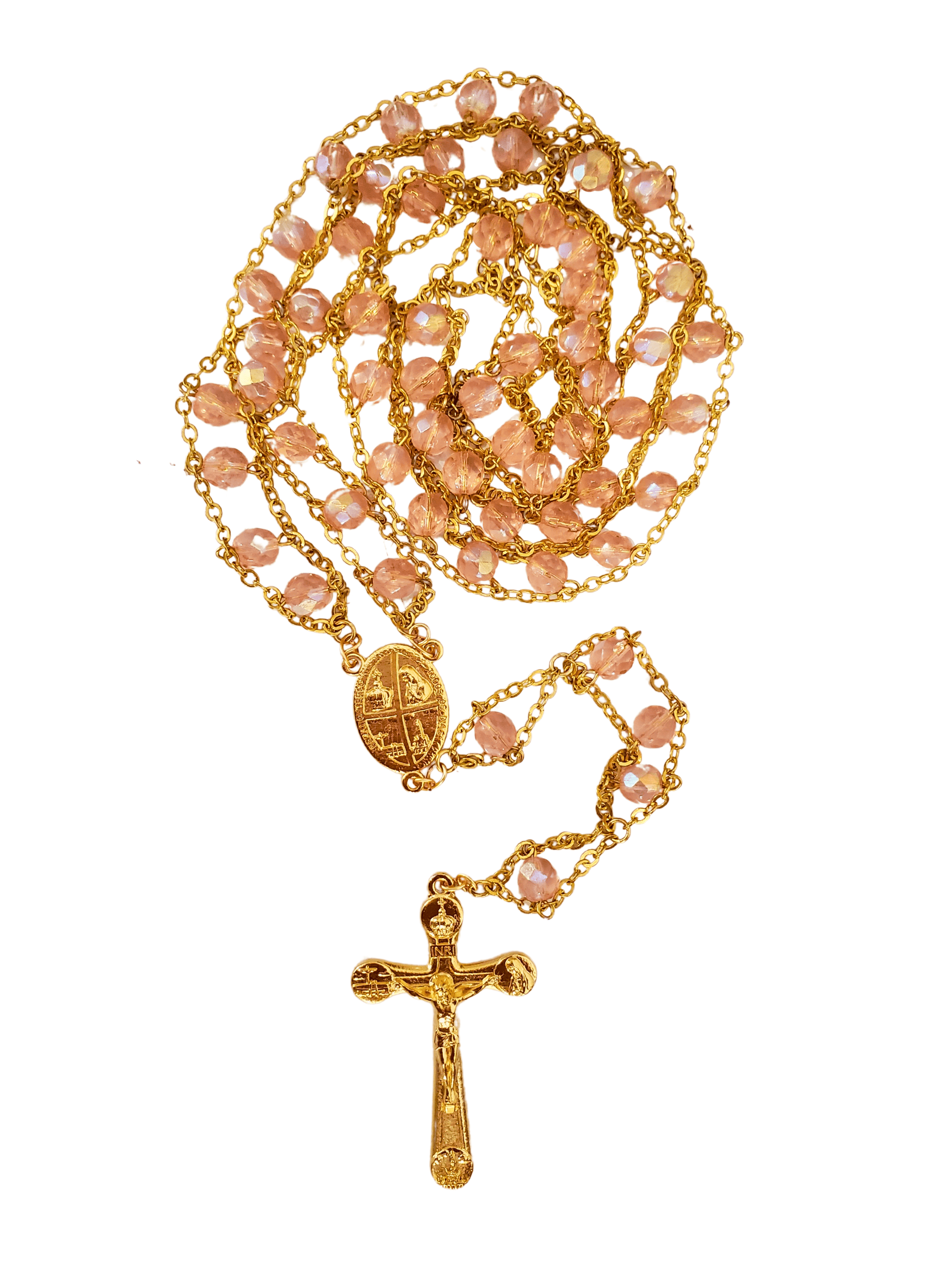 Terço de Cristal Rosa com Dourado de Nossa Senhora de Fátima Feito em Portugal-TerraCotta Arte Sacra