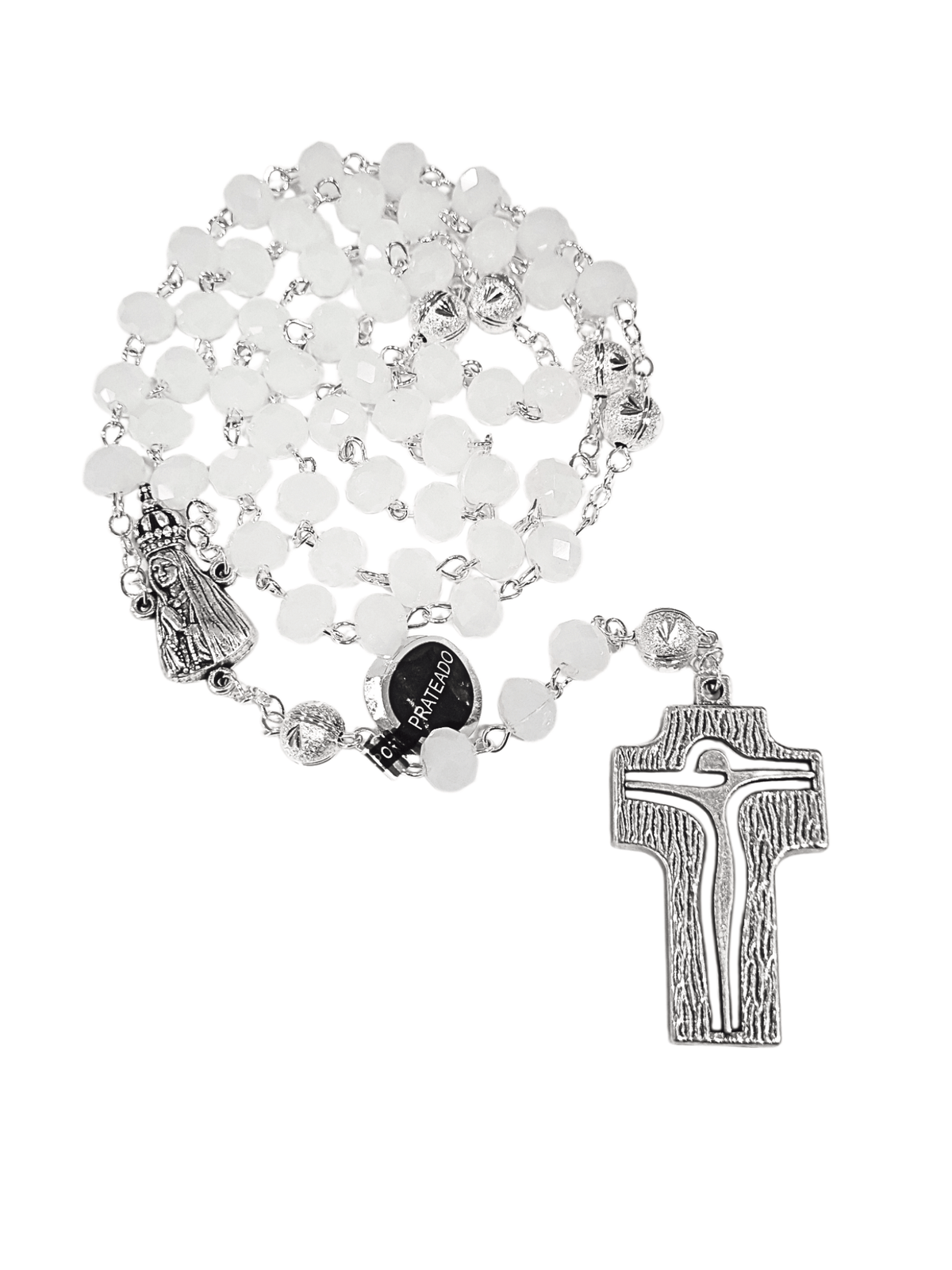 Terço de Fátima Portugal Cristal Nobre e Cruz Estilizada Off-White-TerraCotta Arte Sacra