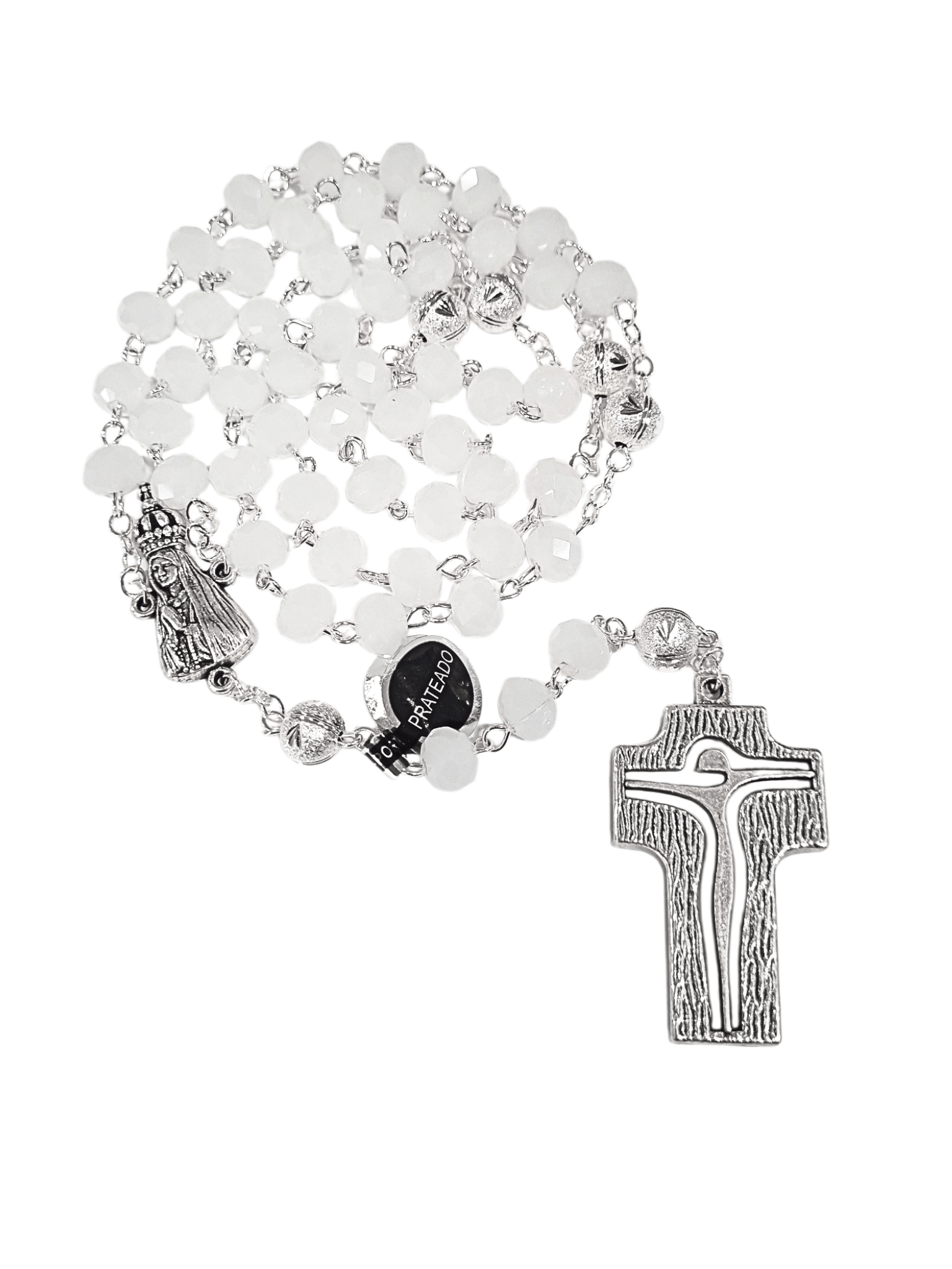 Terço de Fátima Portugal Cristal Nobre e Cruz Estilizada Off-White-TerraCotta Arte Sacra