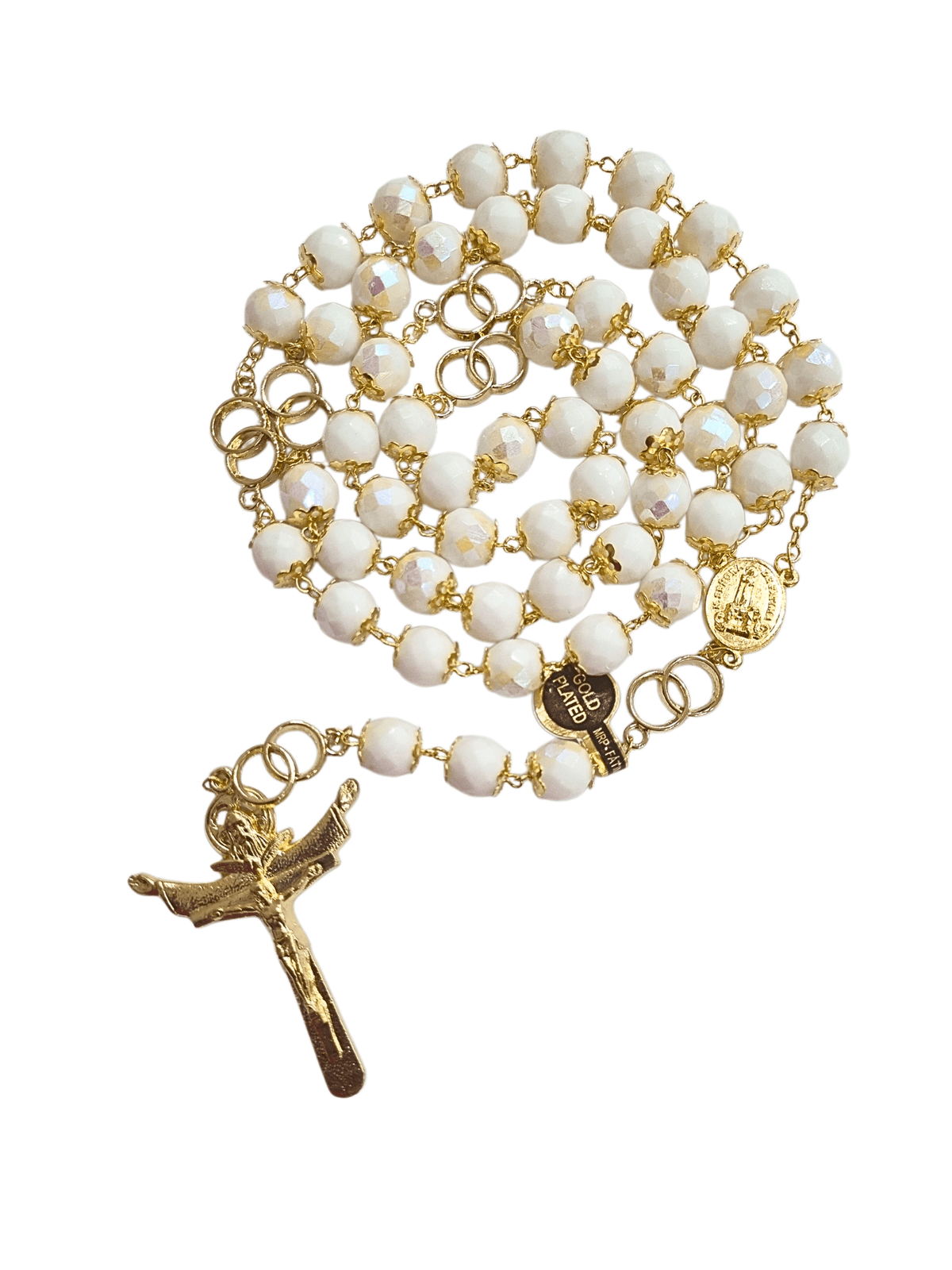 Terço de Noiva Cristal Nobre Branco com Tulipas e Alianças 8 mm Feito em Portugal-TerraCotta Arte Sacra