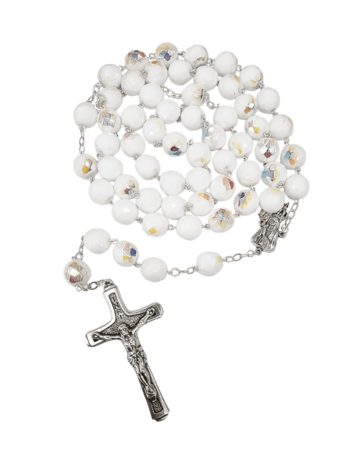 Terço de Noiva Feito em Fátima Portugal em Cristal Branco-TerraCotta Arte Sacra