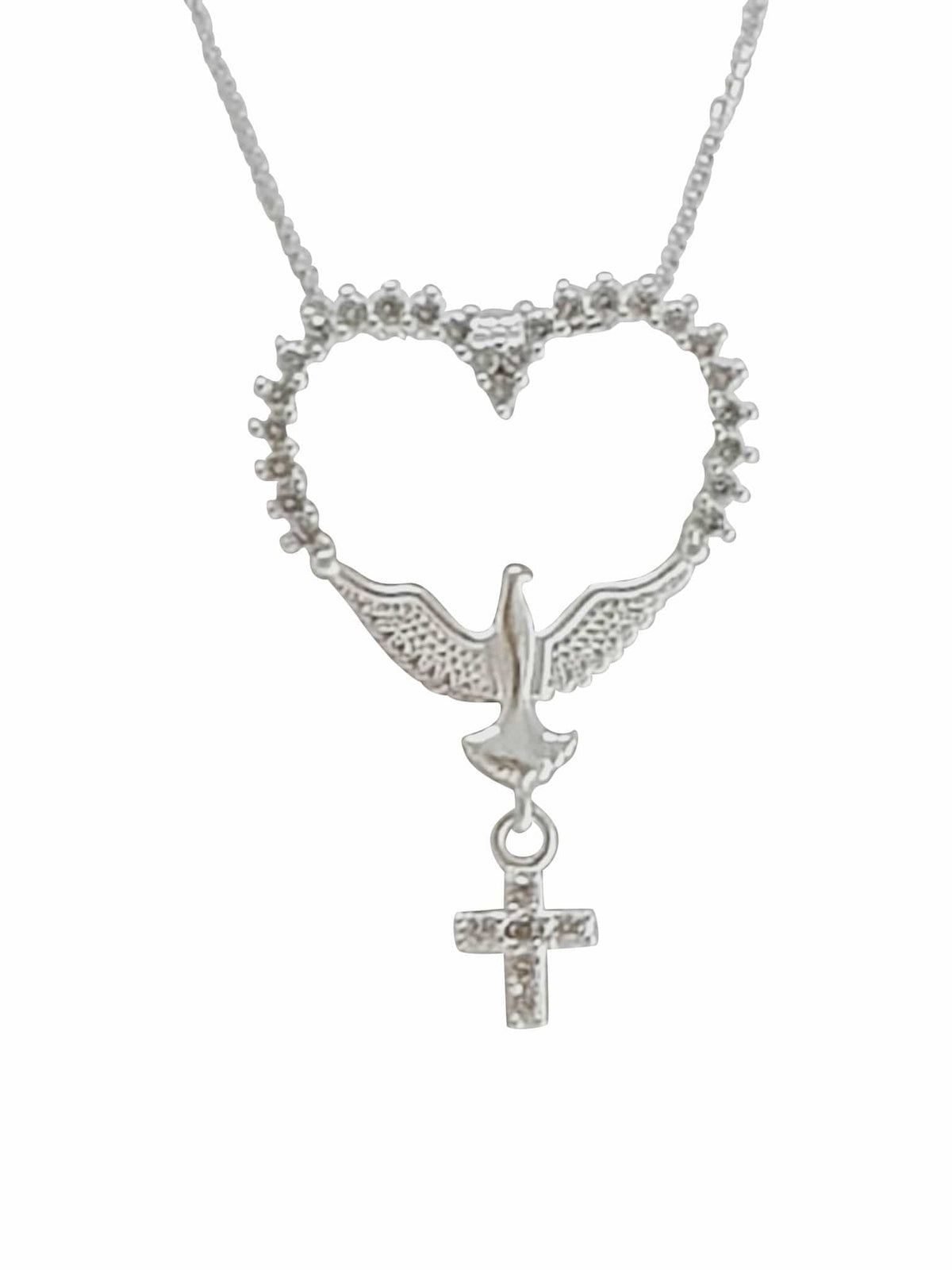 Colar Espírito Santo Coração e Cruz de Prata de Lei 925 com Zircônias-TerraCotta Arte Sacra